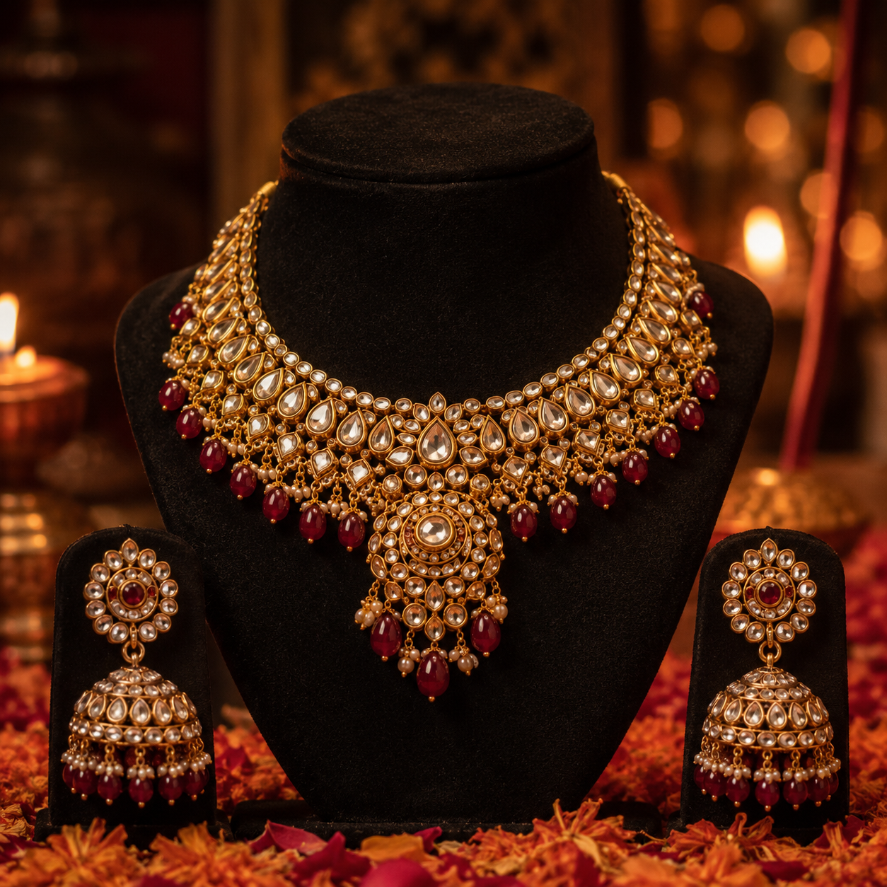 Close-up of a traditional gold-plated kundan necklace set with matching jhumka earrings, displayed on a black velvet bust, warm candle-lit backdrop with marigold petals, macro jewellery photography, rich maroon and gold tones