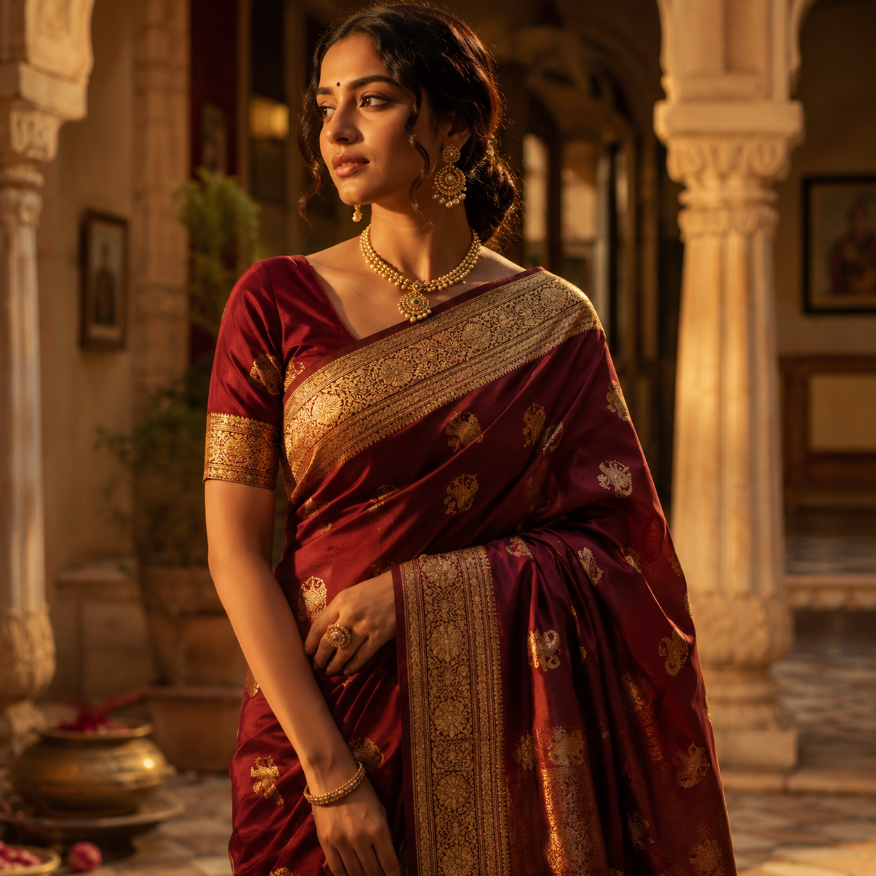 Elegant Indian woman draped in a rich silk saree with gold zari border, standing in a warm-lit heritage haveli courtyard, soft golden hour lighting, maroon and gold color palette, editorial fashion photography, shallow depth of field