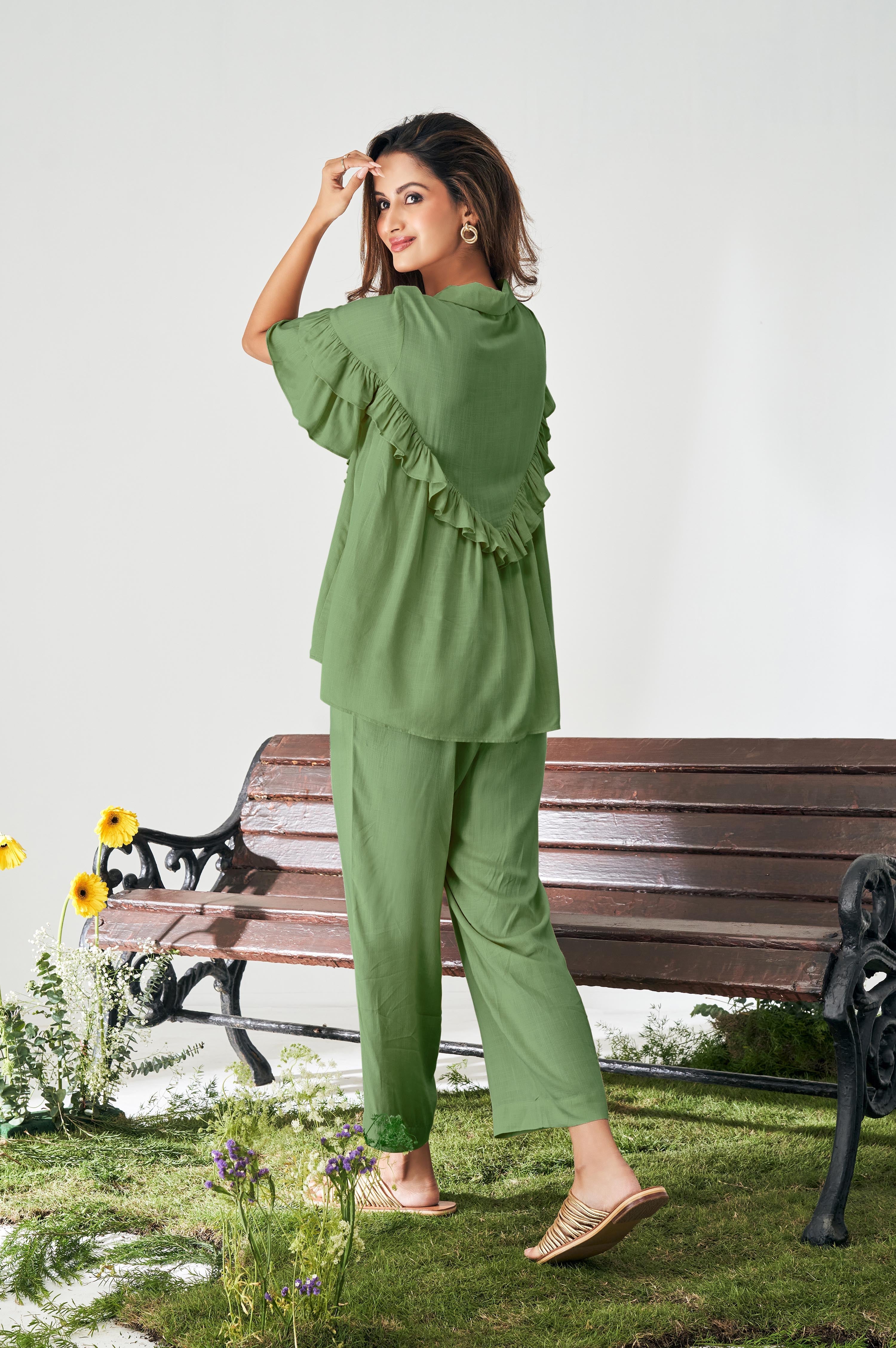 Ruffle Co-ord Set - Olive Green