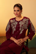 Roman Silk Embroidered Co-ord Set - Maroon