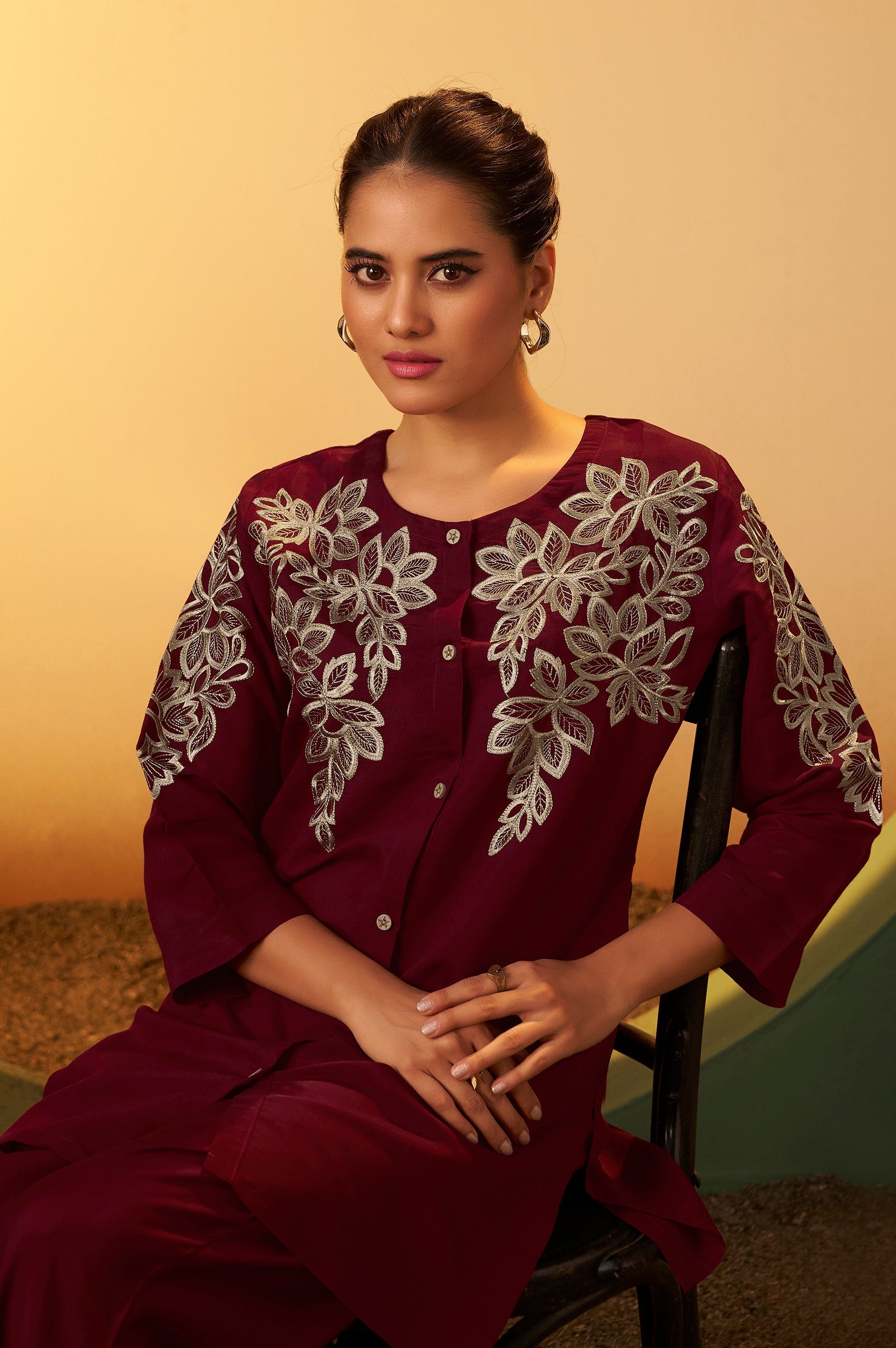 Roman Silk Embroidered Co-ord Set - Maroon