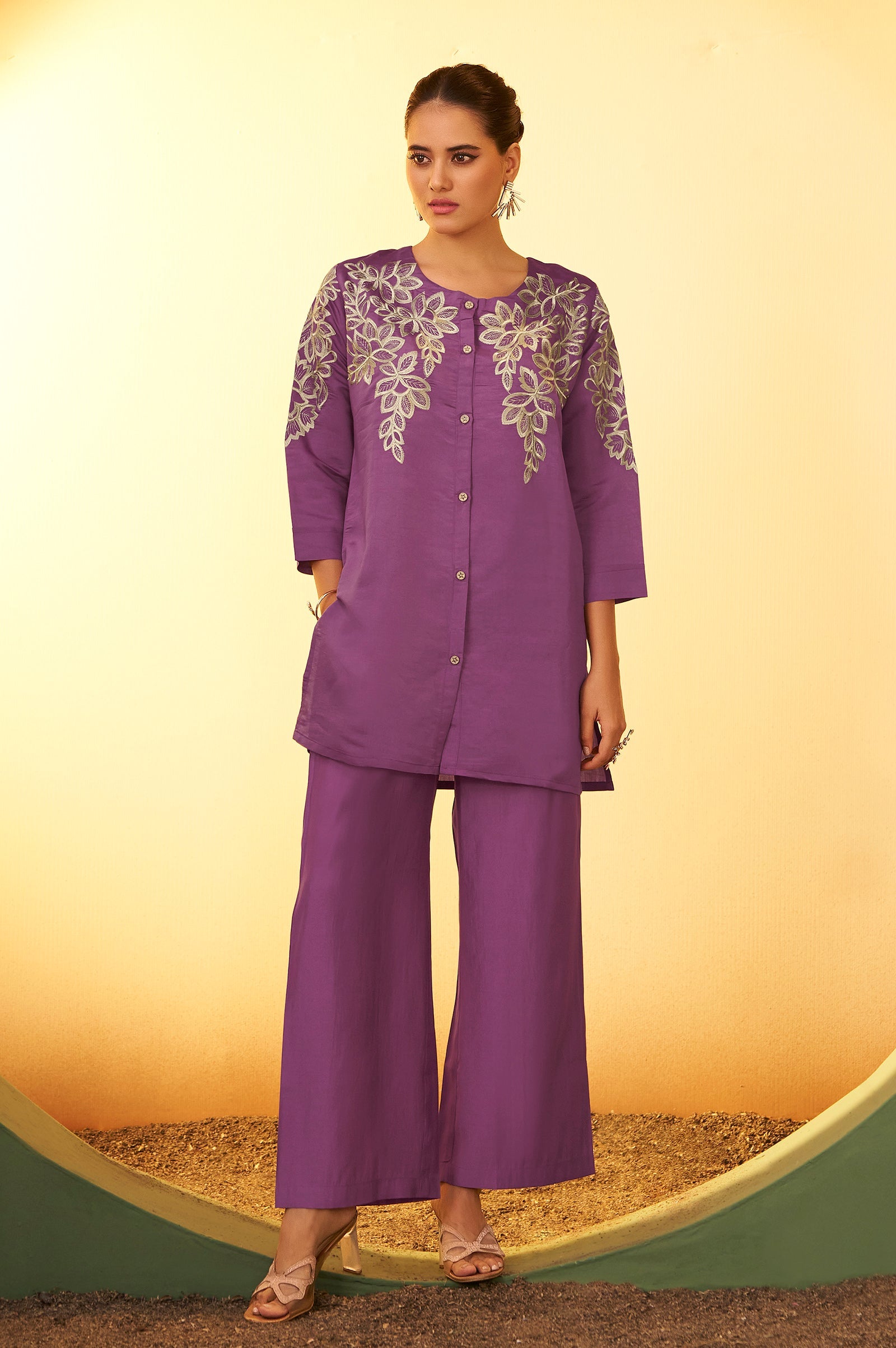Roman Silk Embroidered Co-ord Set - Purple