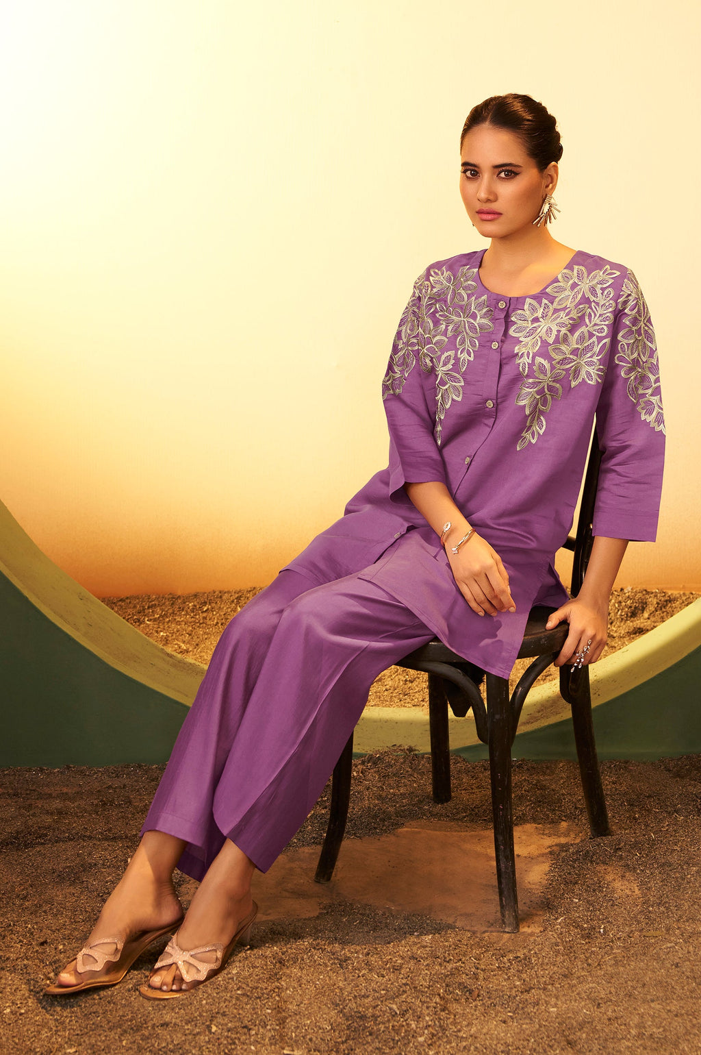 Roman Silk Embroidered Co-ord Set - Purple