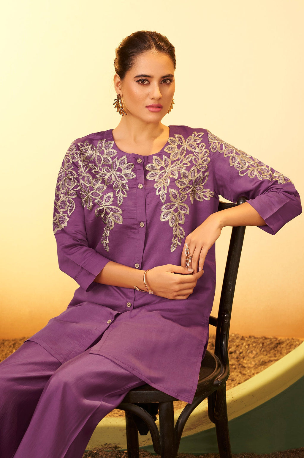 Roman Silk Embroidered Co-ord Set - Purple