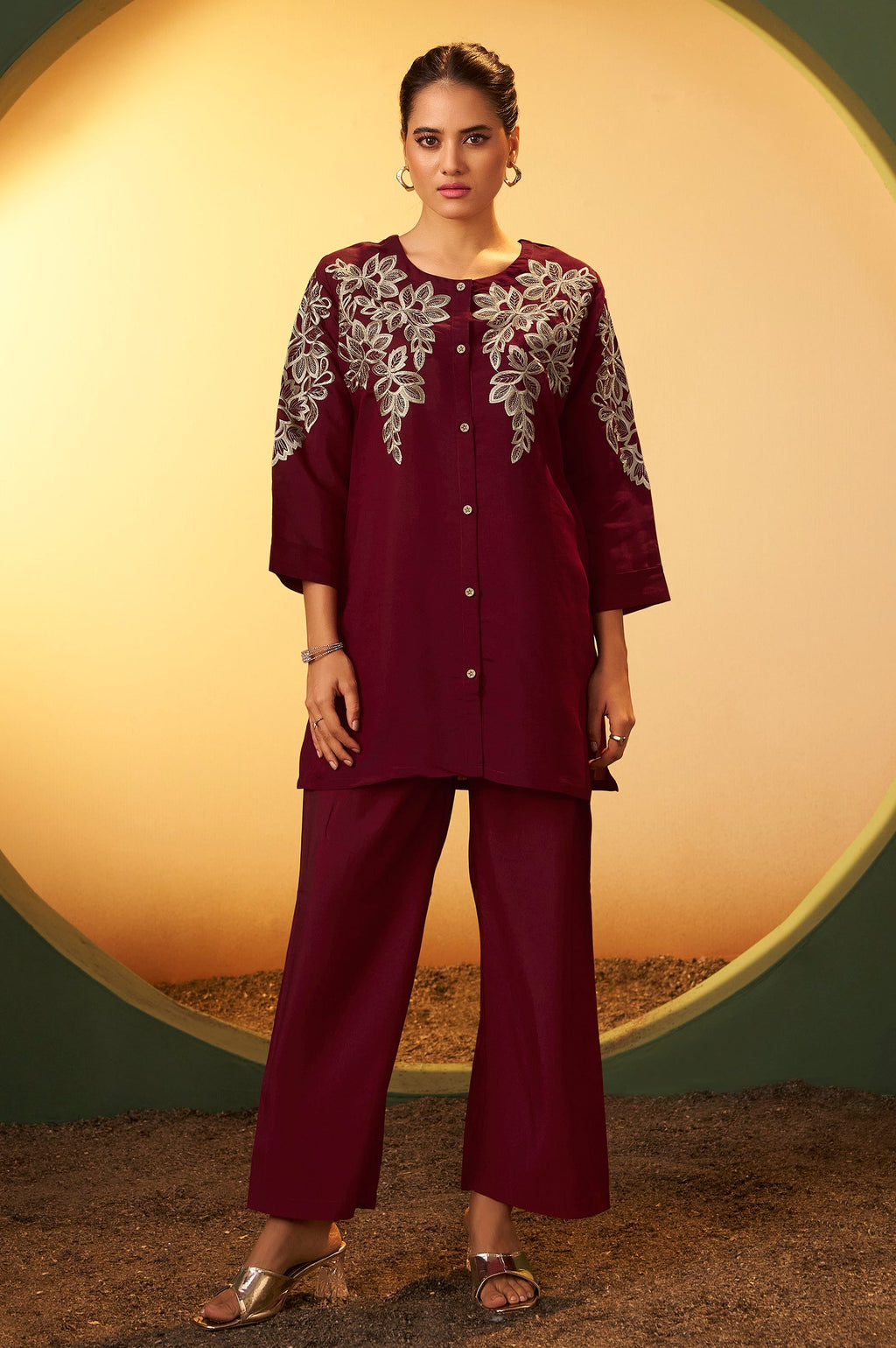 Roman Silk Embroidered Co-ord Set - Maroon