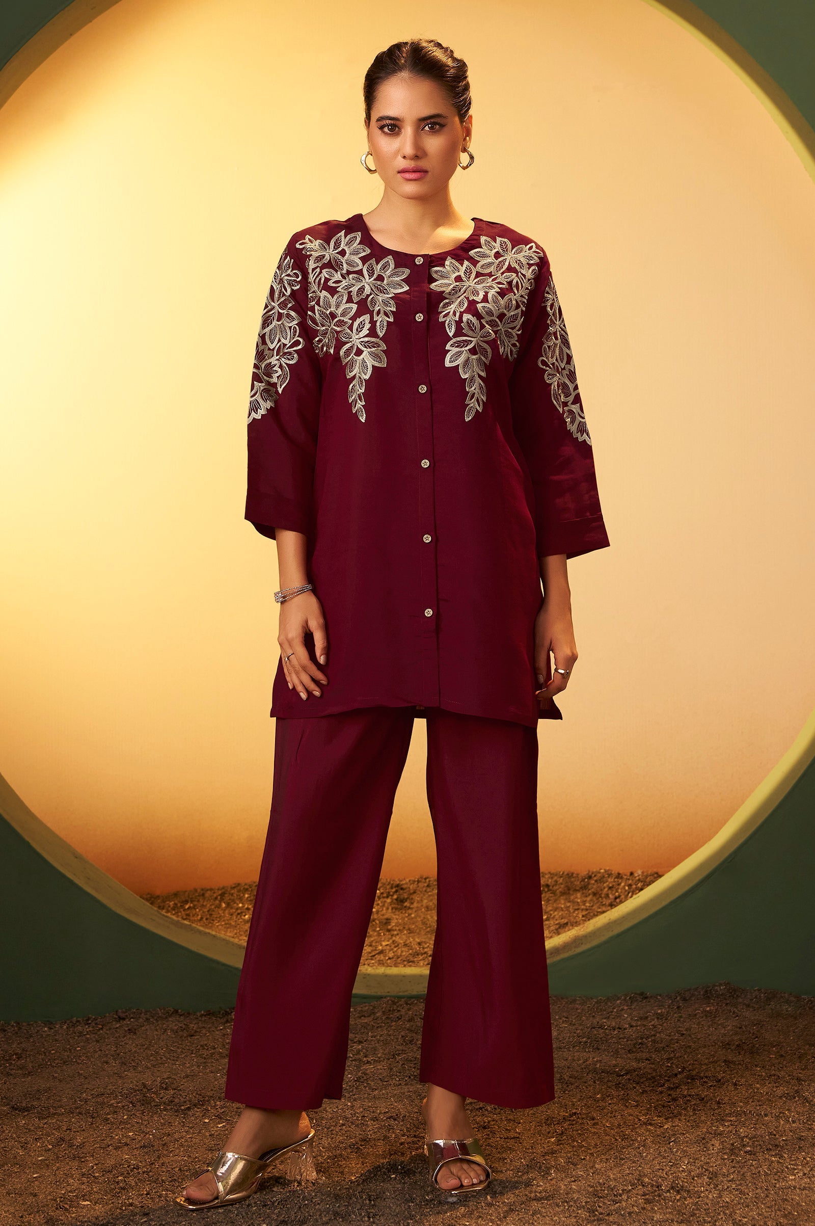 Roman Silk Embroidered Co-ord Set - Maroon