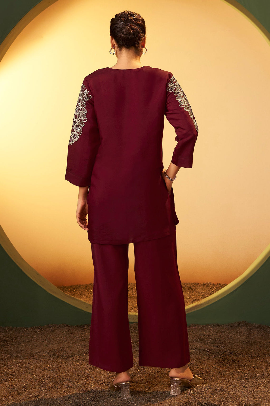 Roman Silk Embroidered Co-ord Set - Maroon