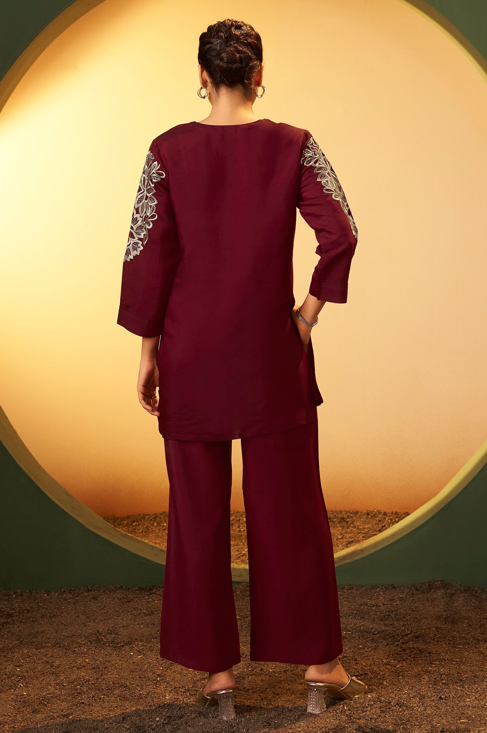 Roman Silk Embroidered Co-ord Set - Maroon