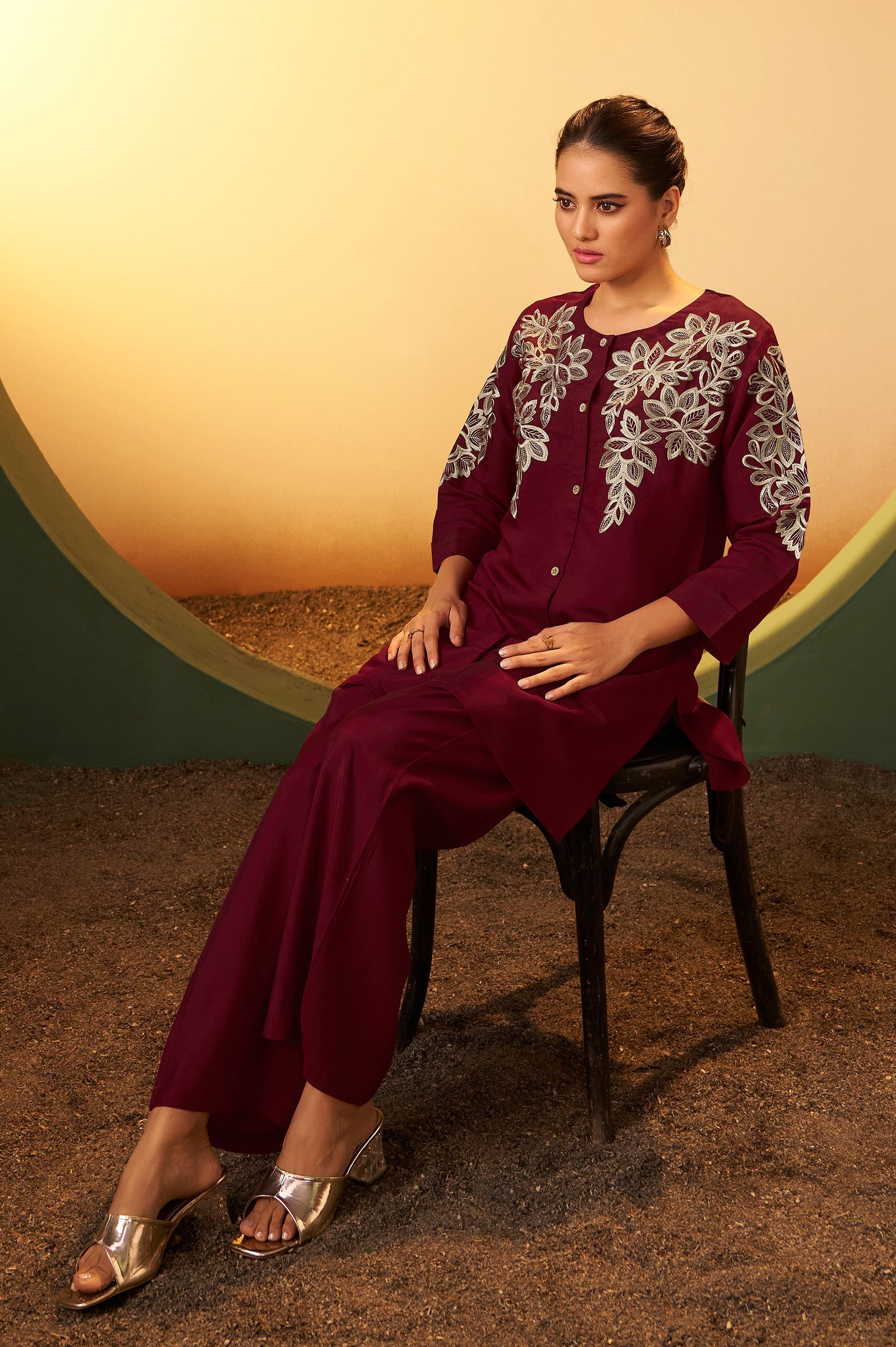 Roman Silk Embroidered Co-ord Set - Maroon