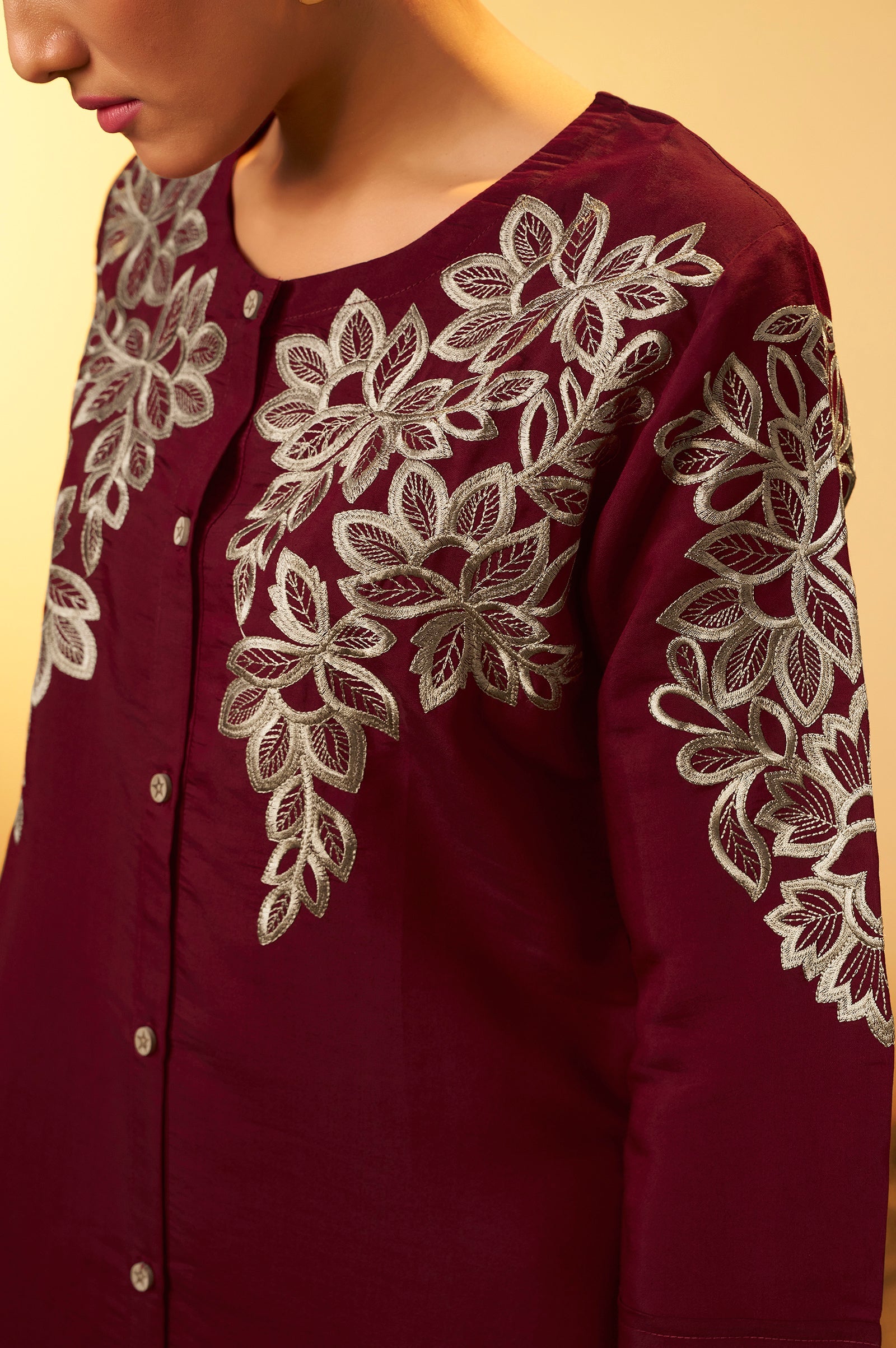 Roman Silk Embroidered Co-ord Set - Maroon