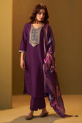 Wine Embroidered Kurta Set with Dupatta