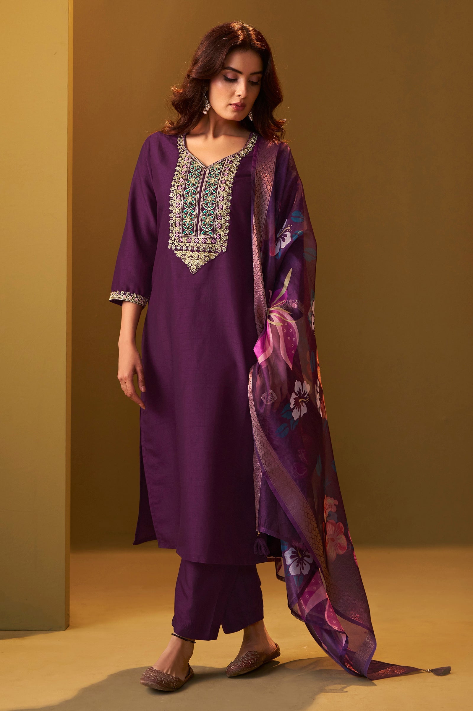 Wine Embroidered Kurta Set with Dupatta
