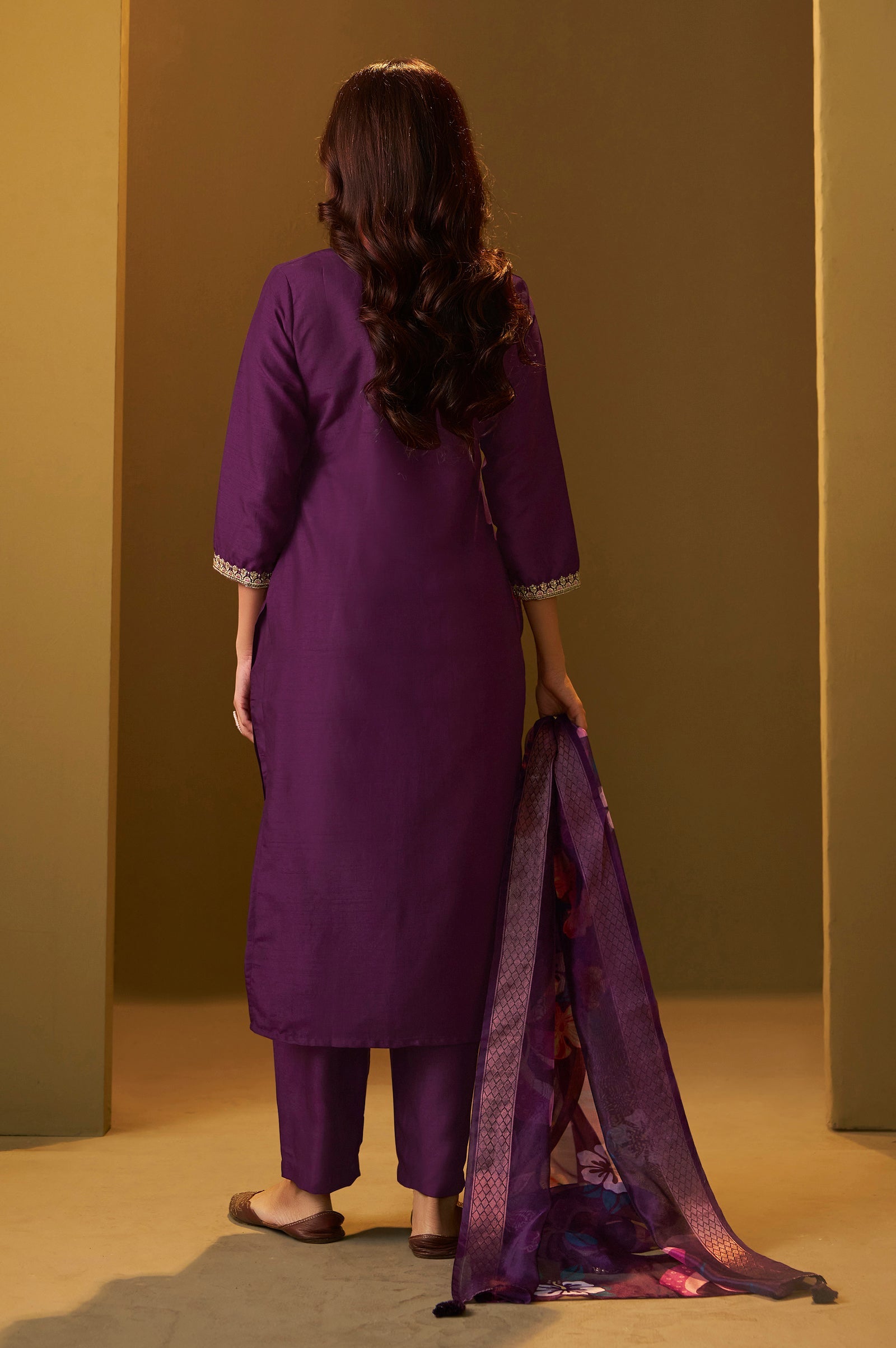 Wine Embroidered Kurta Set with Dupatta