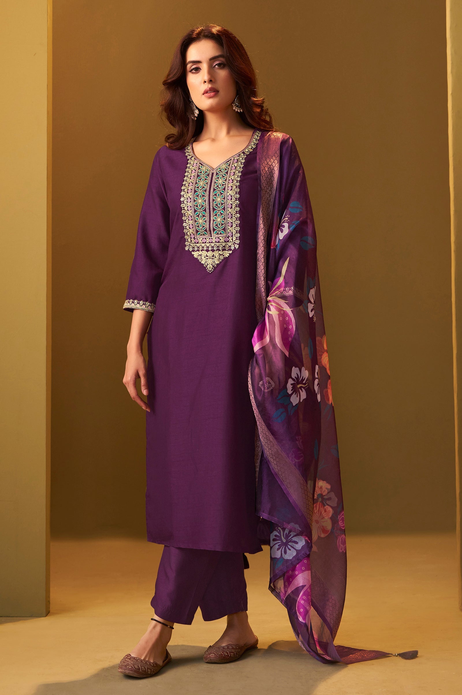 Wine Embroidered Kurta Set with Dupatta