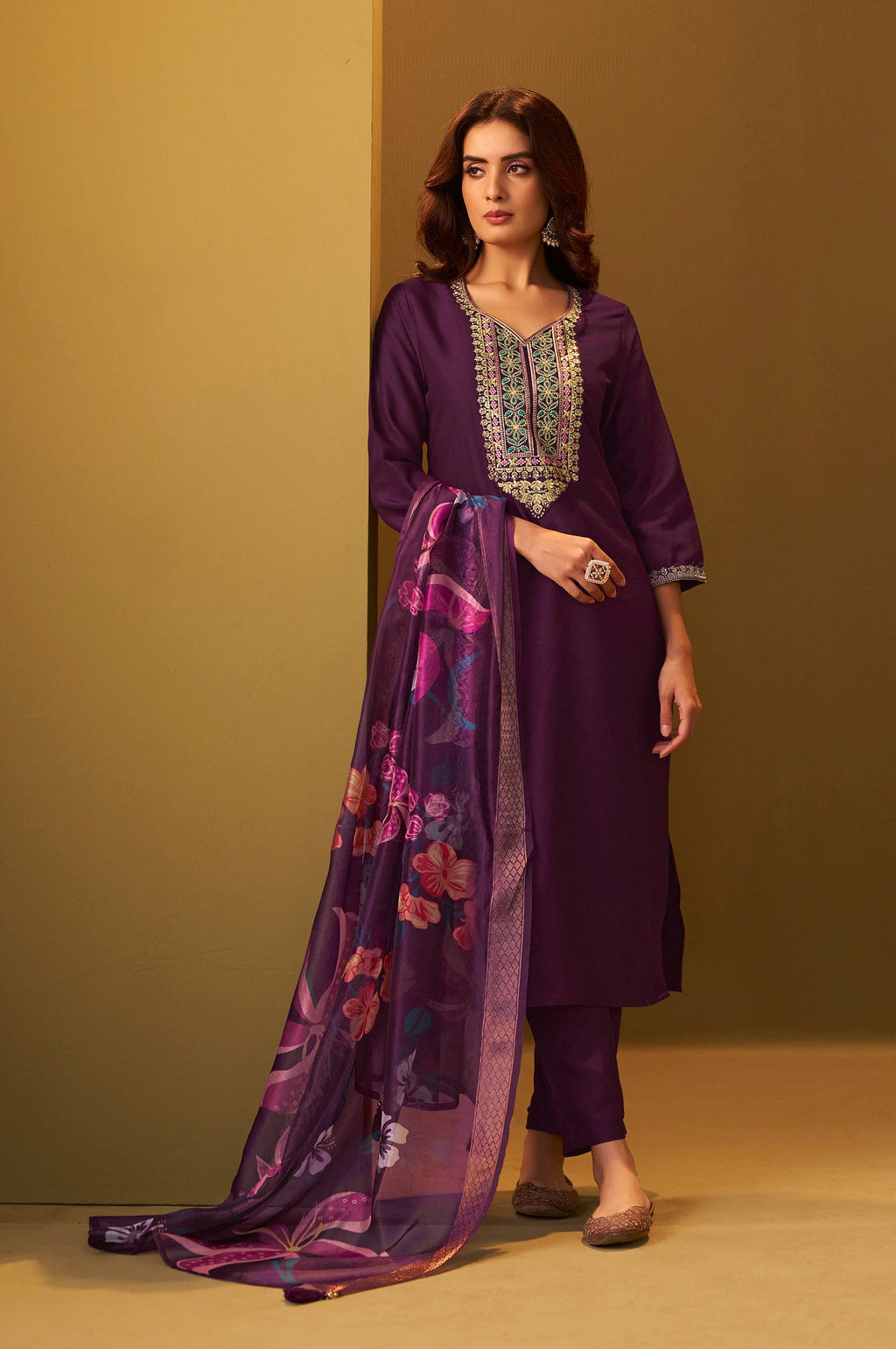 Wine Embroidered Kurta Set with Dupatta