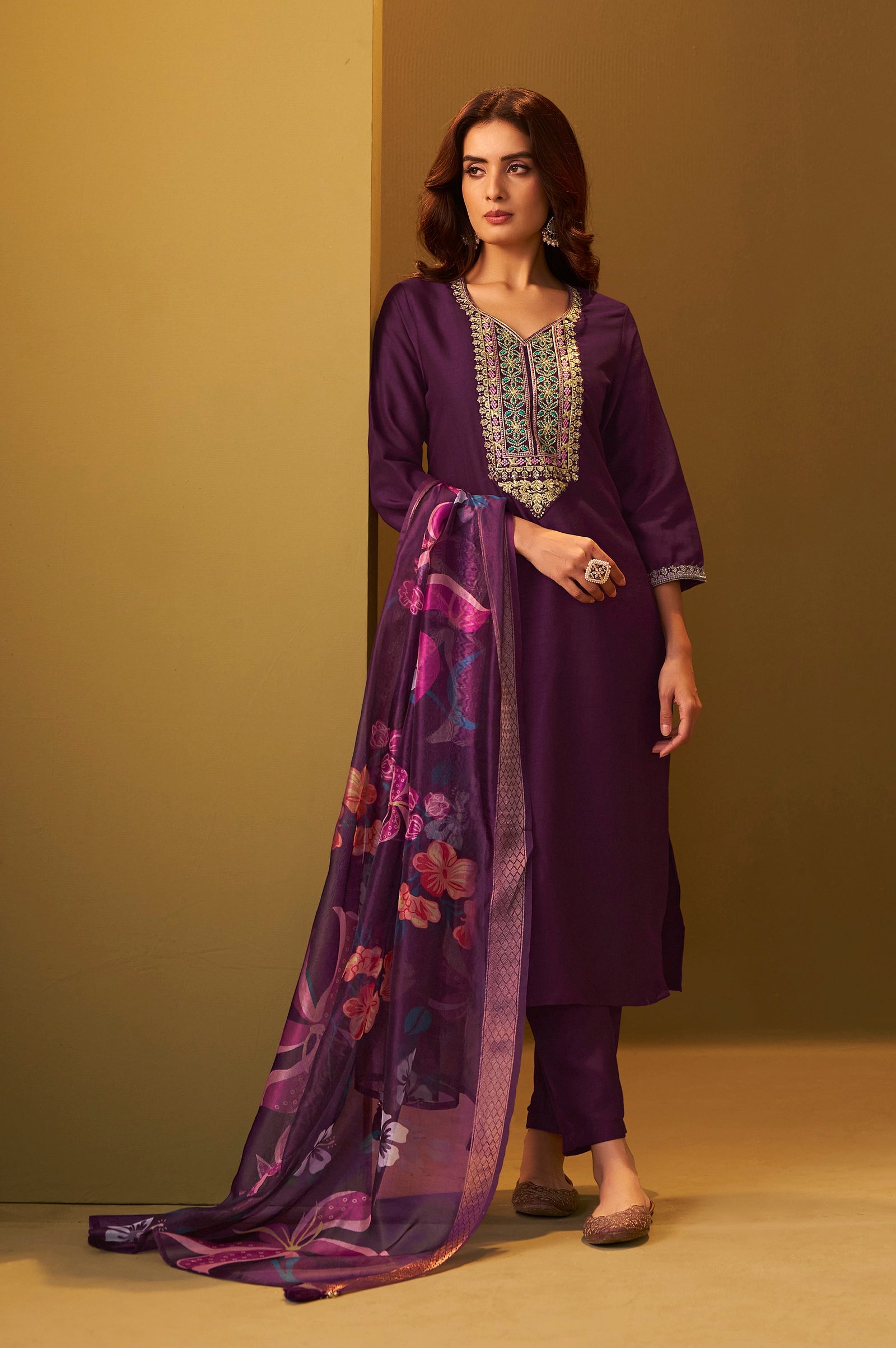 Wine Embroidered Kurta Set with Dupatta