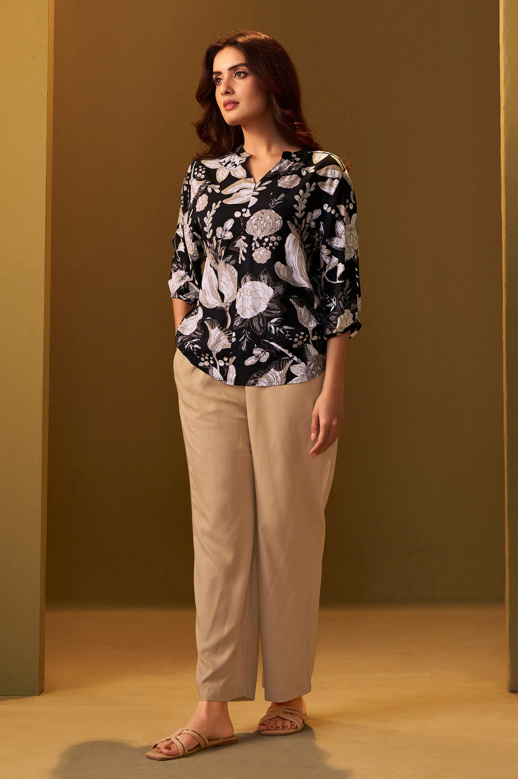 Viscose Rayon Printed Co-ord Set - Black and Brown