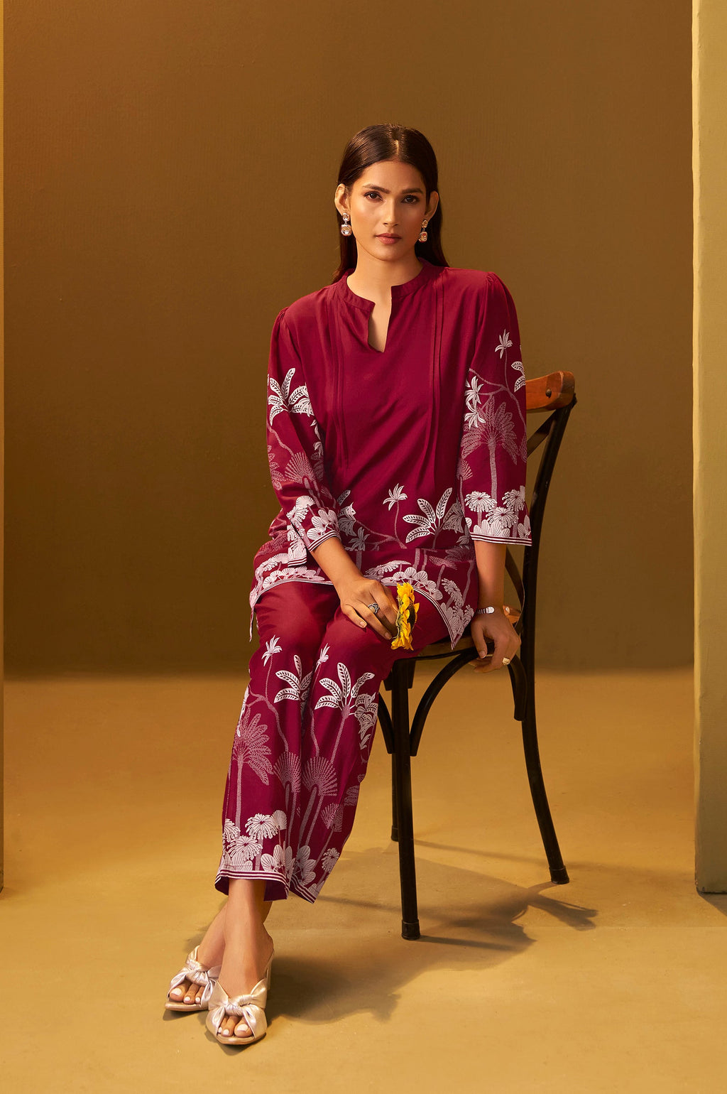 Rayon Floral Co-ord Set - Red