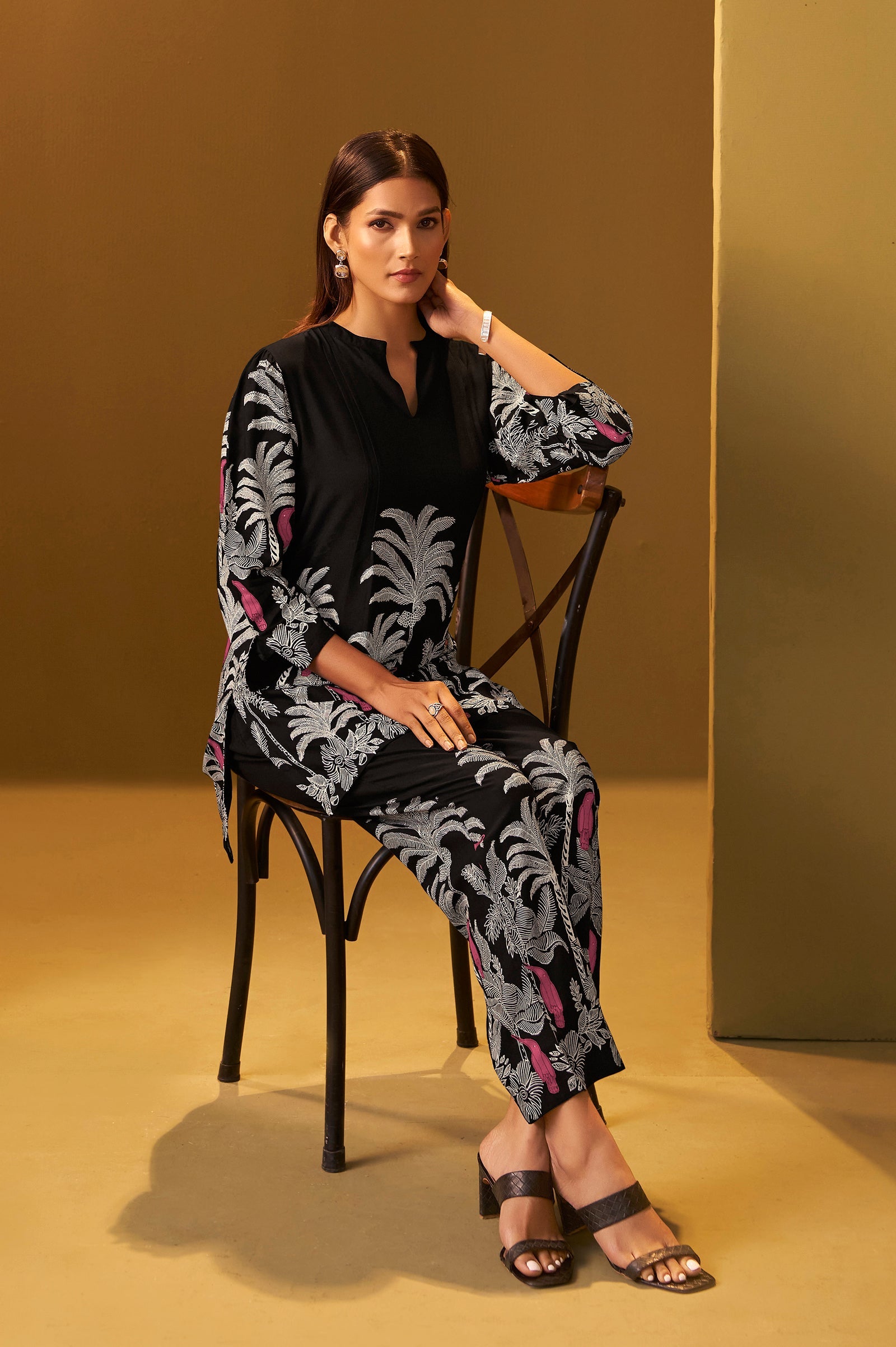 Rayon Floral Co-ord Set - Black