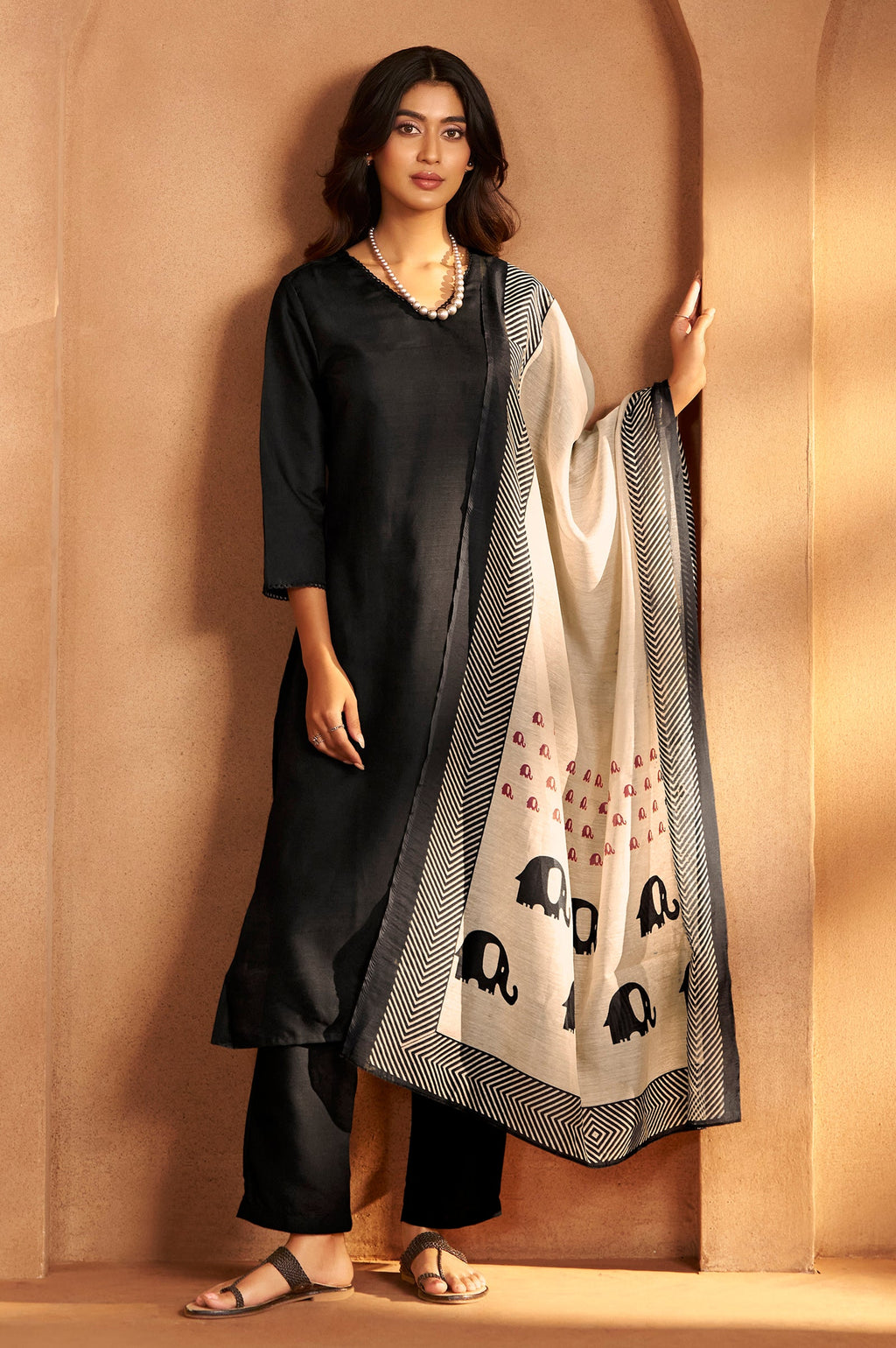 Women Black Cotton Calf-Length Kurta with Pant and Cream Chanderi Printed Dupatta - front
