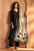 Women Black Cotton Calf-Length Kurta with Pant and Cream Chanderi Printed Dupatta - front