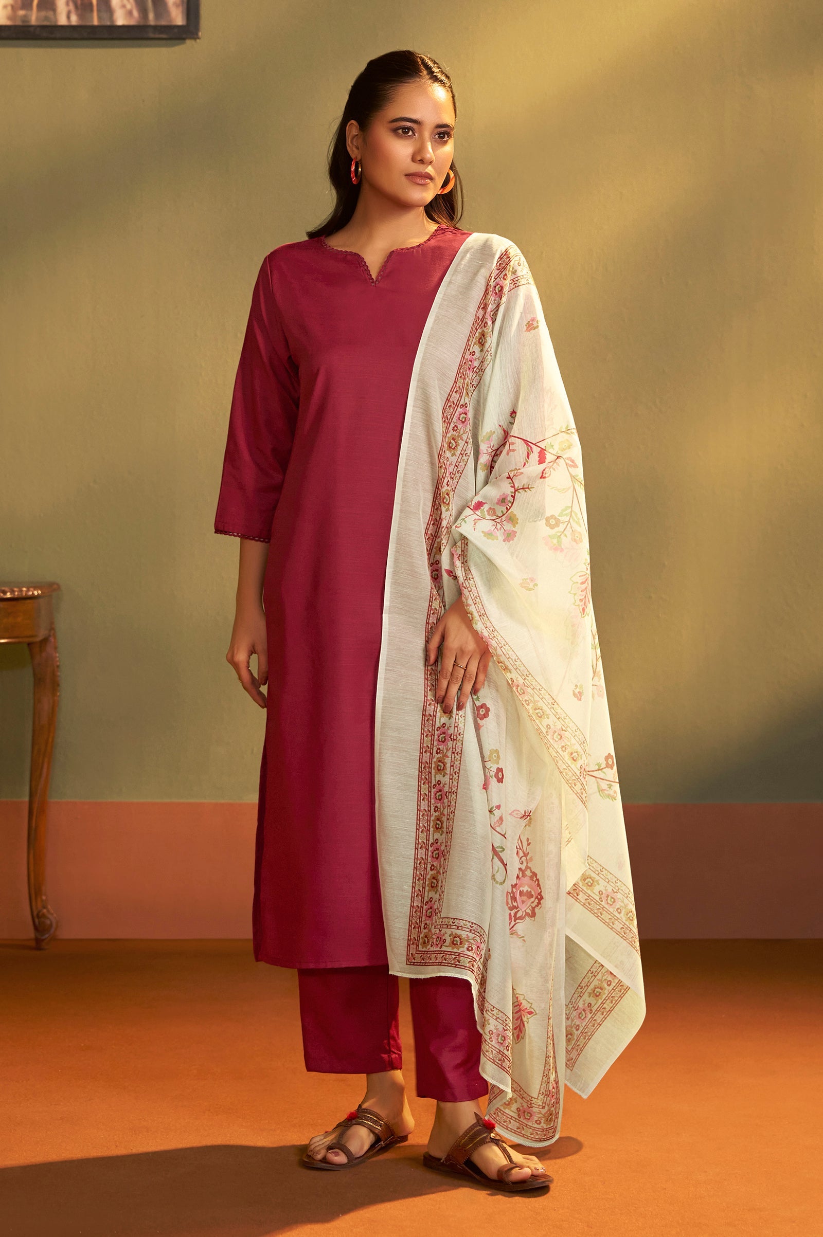 Rust Cotton Kurta with Pant and Chanderi Dupatta - front