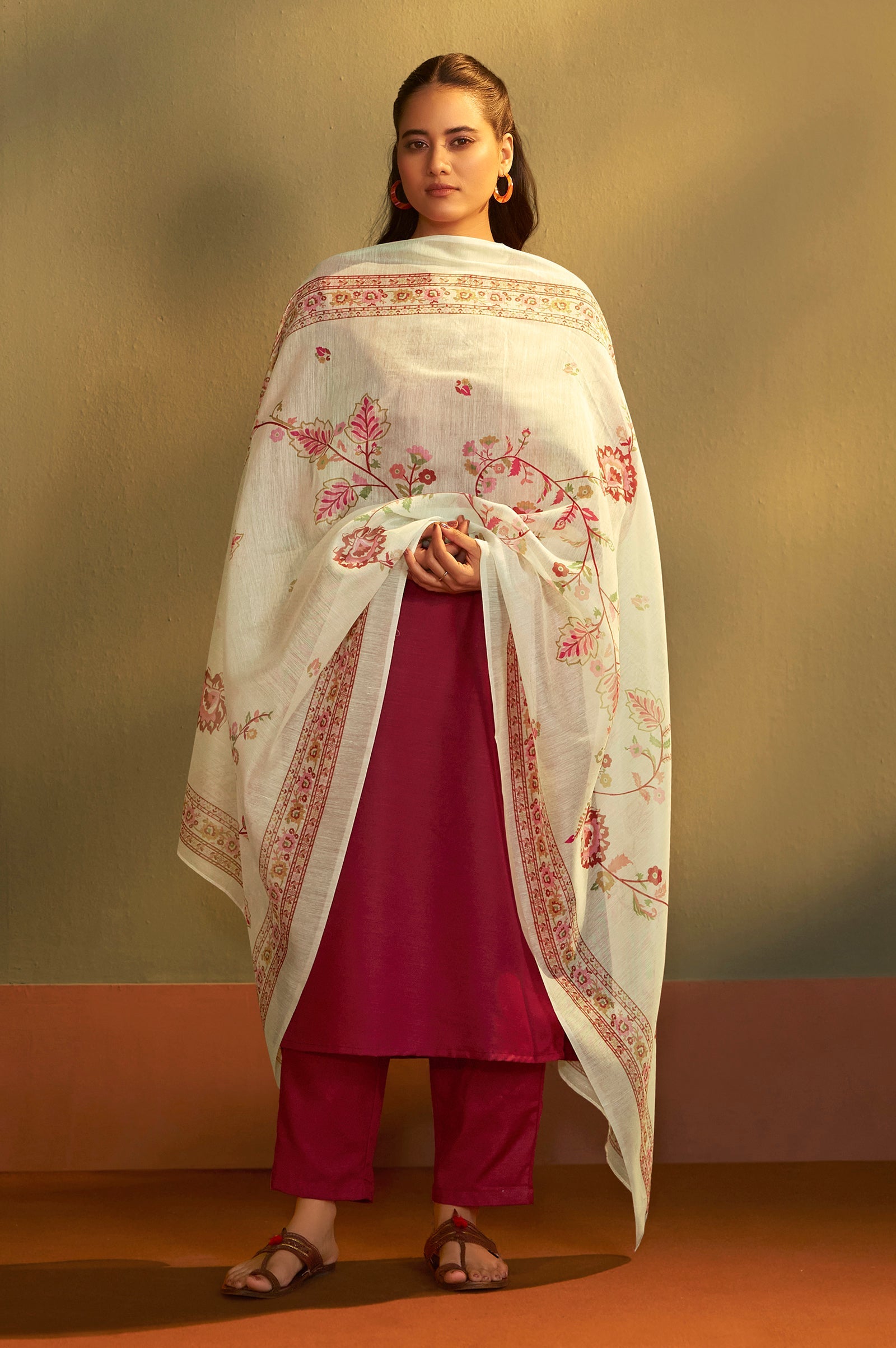 Women Rust Cotton Calf-Length Kurta with Pant and Cream Chanderi Printed Dupatta - view 3