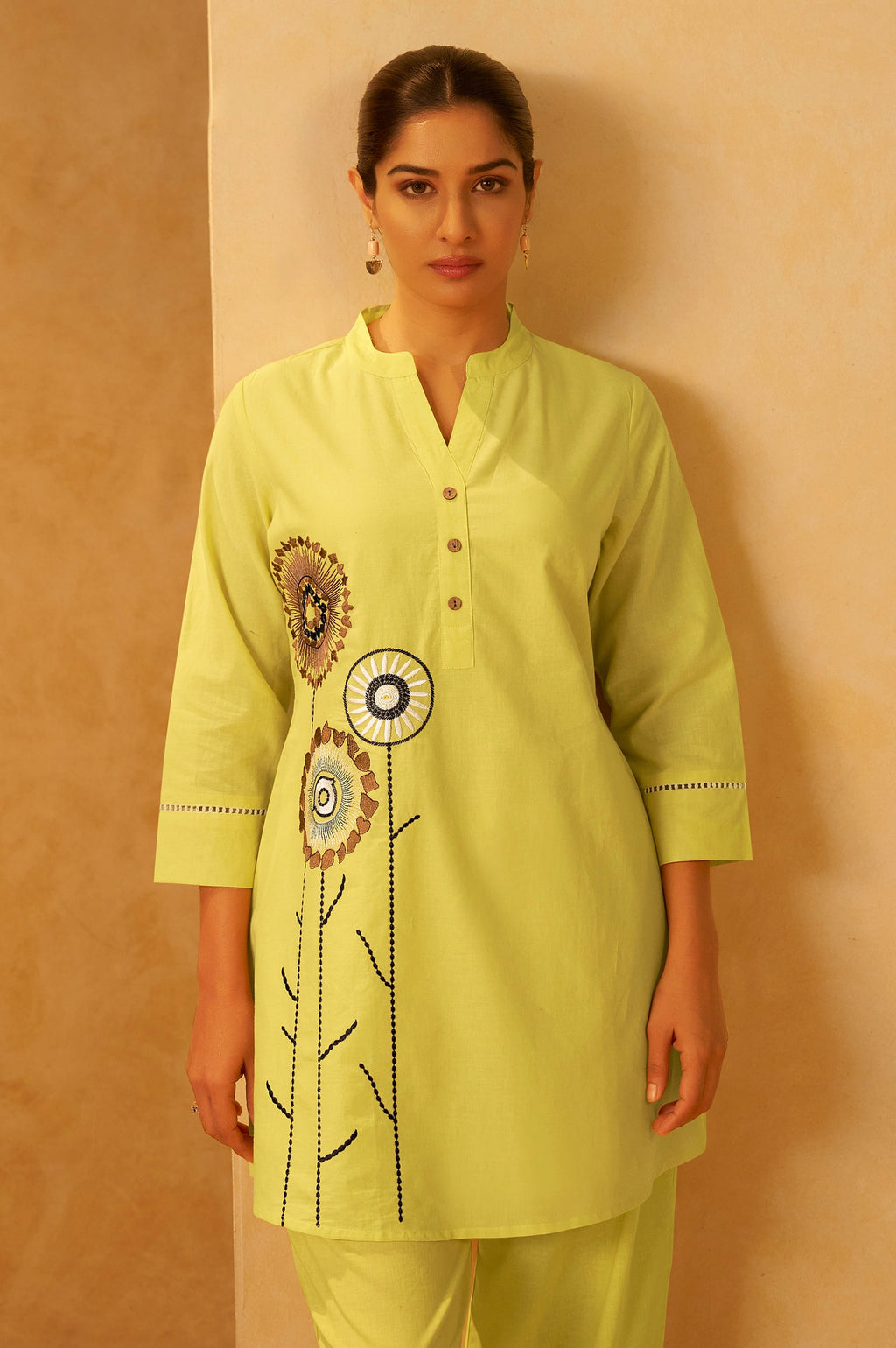 Yellow Embroidered Cotton Kurta Co-ord Set