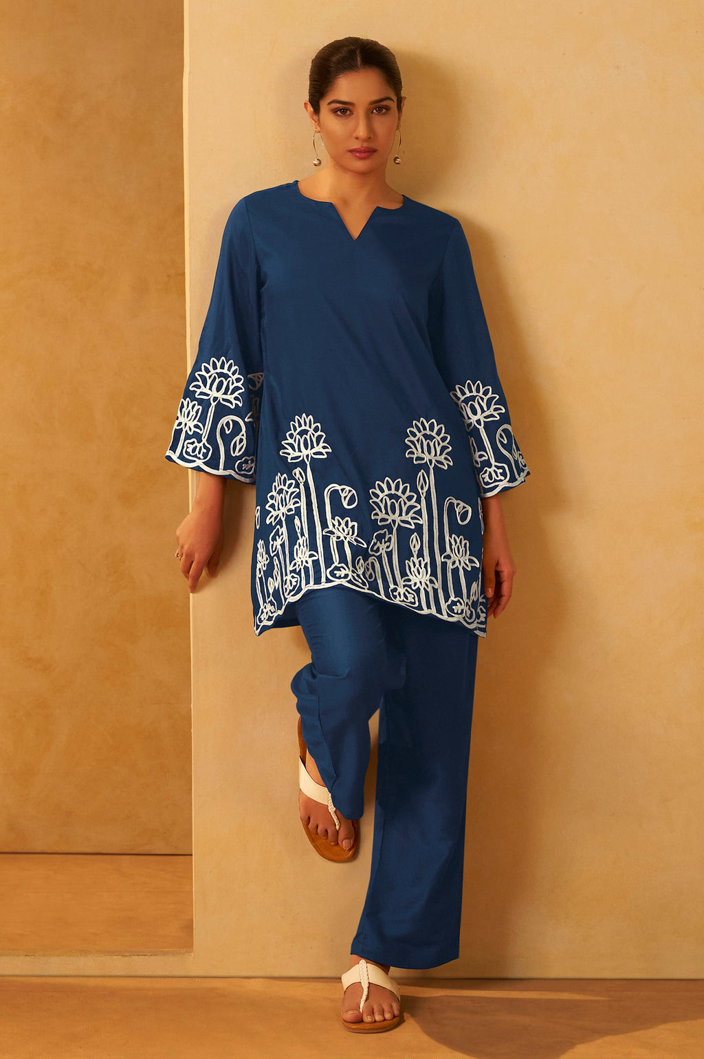 Embroidered Kurta Co-ord Set - Navy Blue