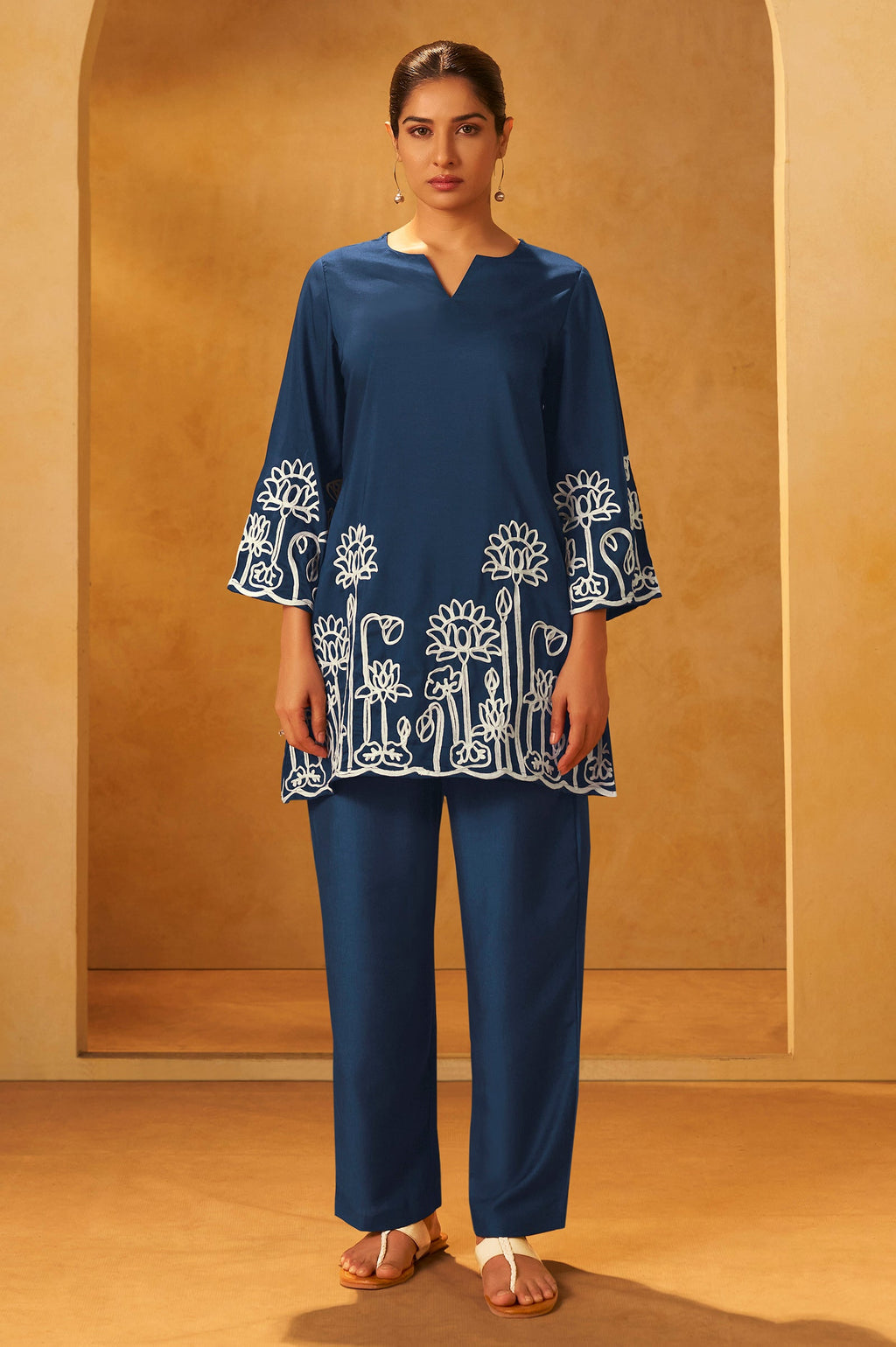 Embroidered Kurta Co-ord Set - Navy Blue