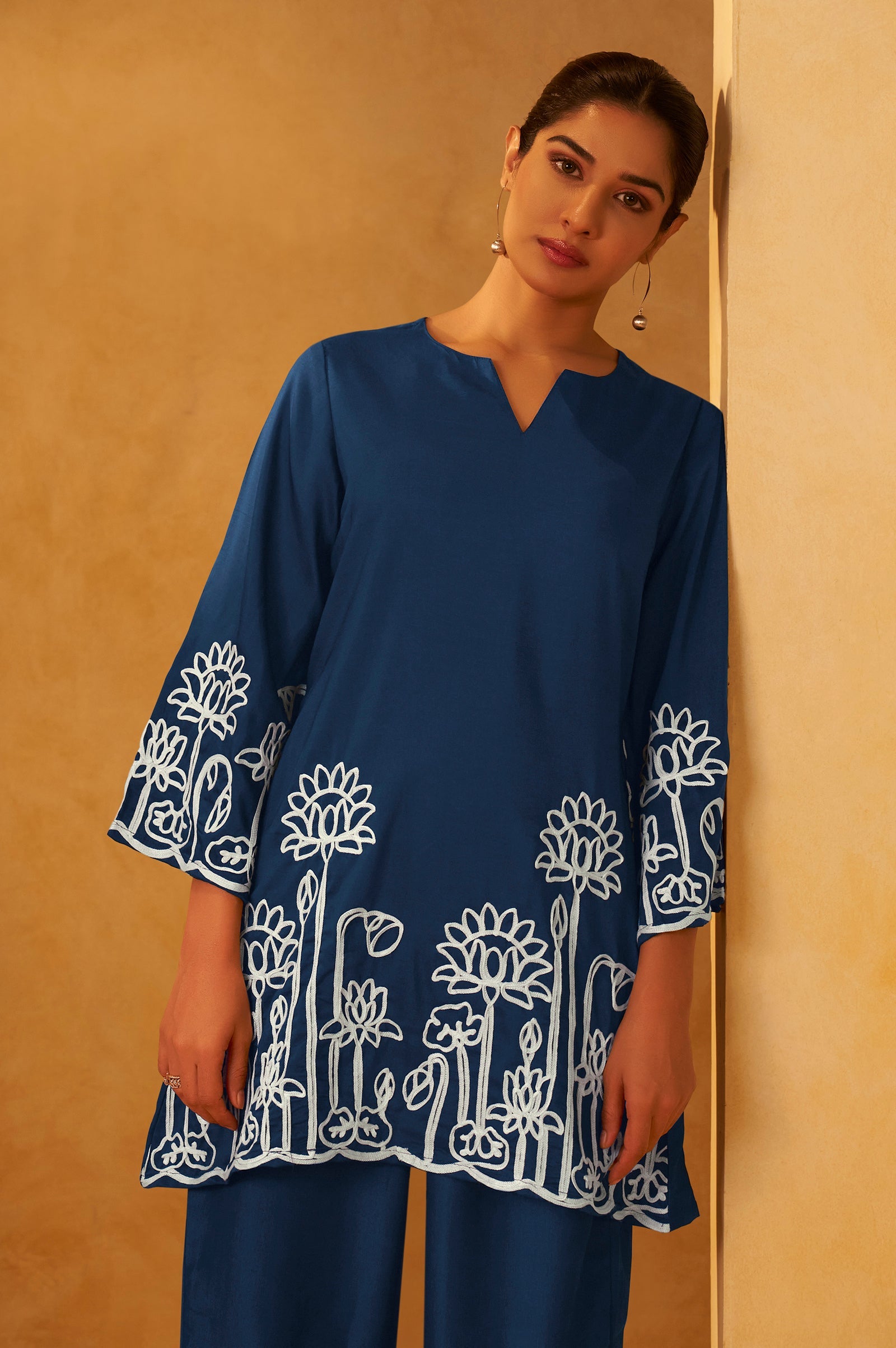 Embroidered Kurta Co-ord Set - Navy Blue