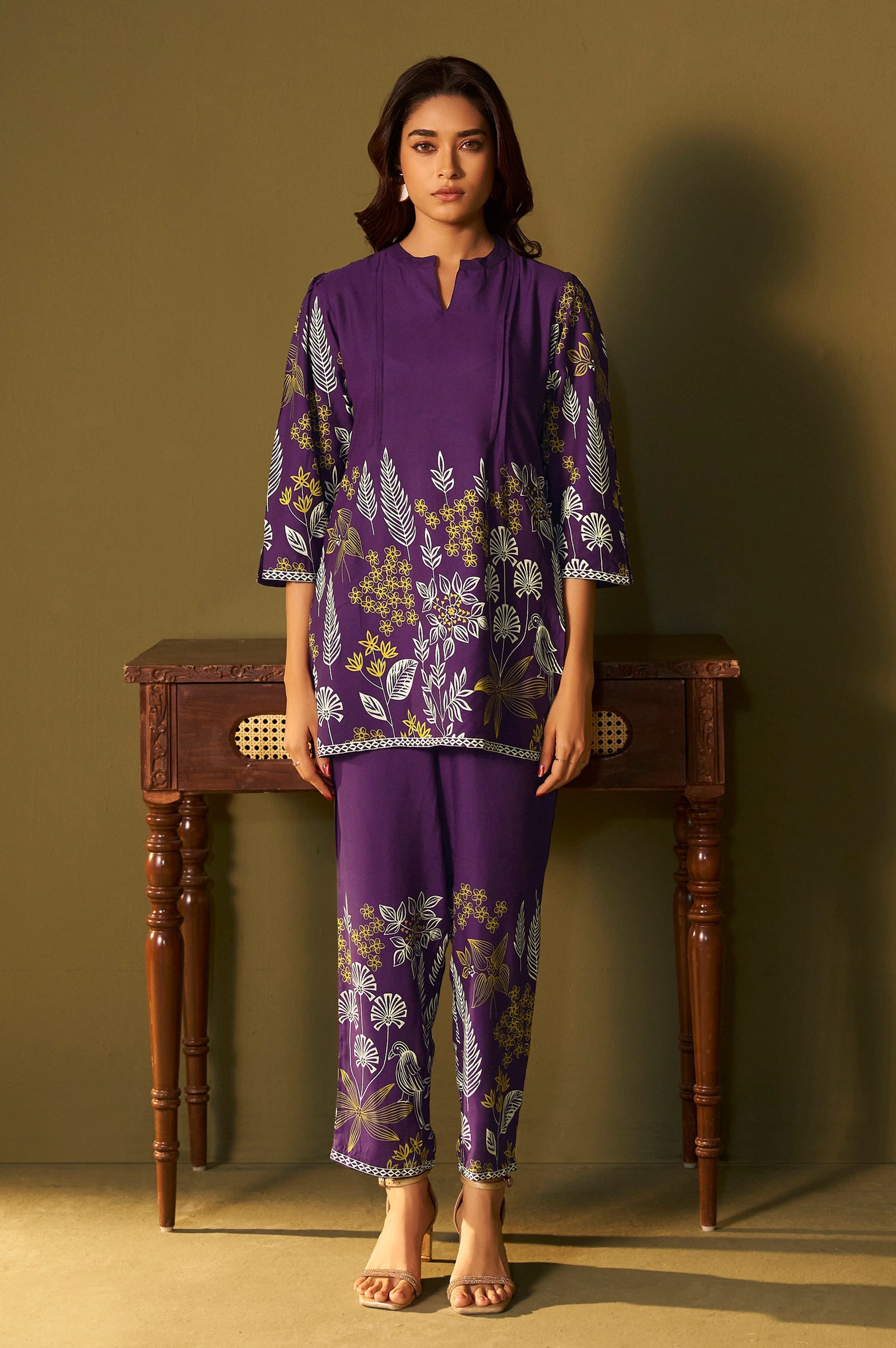Rayon Floral Co-ord Set - Purple