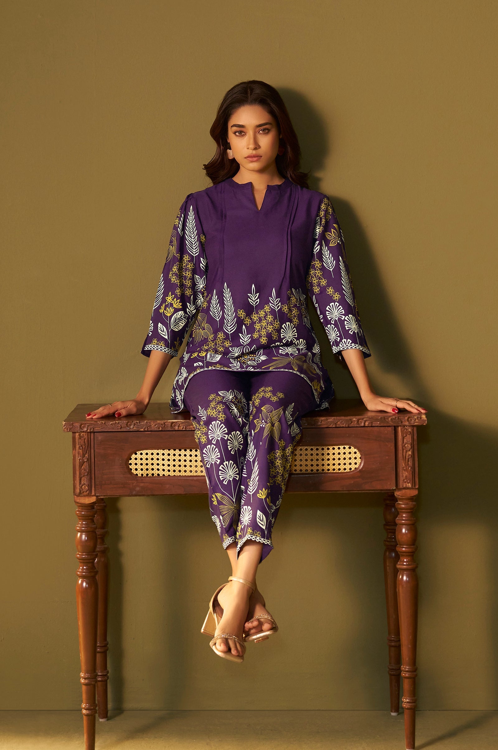 Rayon Floral Co-ord Set - Purple