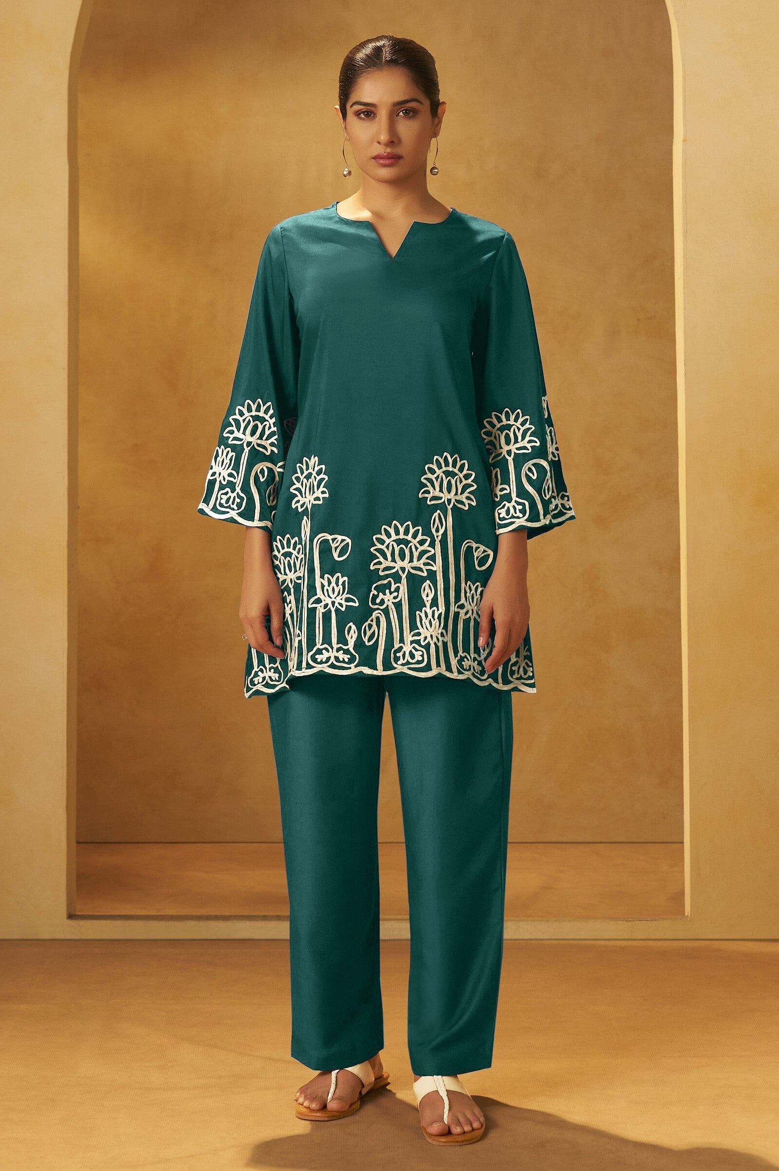 Embroidered Kurta Co-ord Set - Dark Green