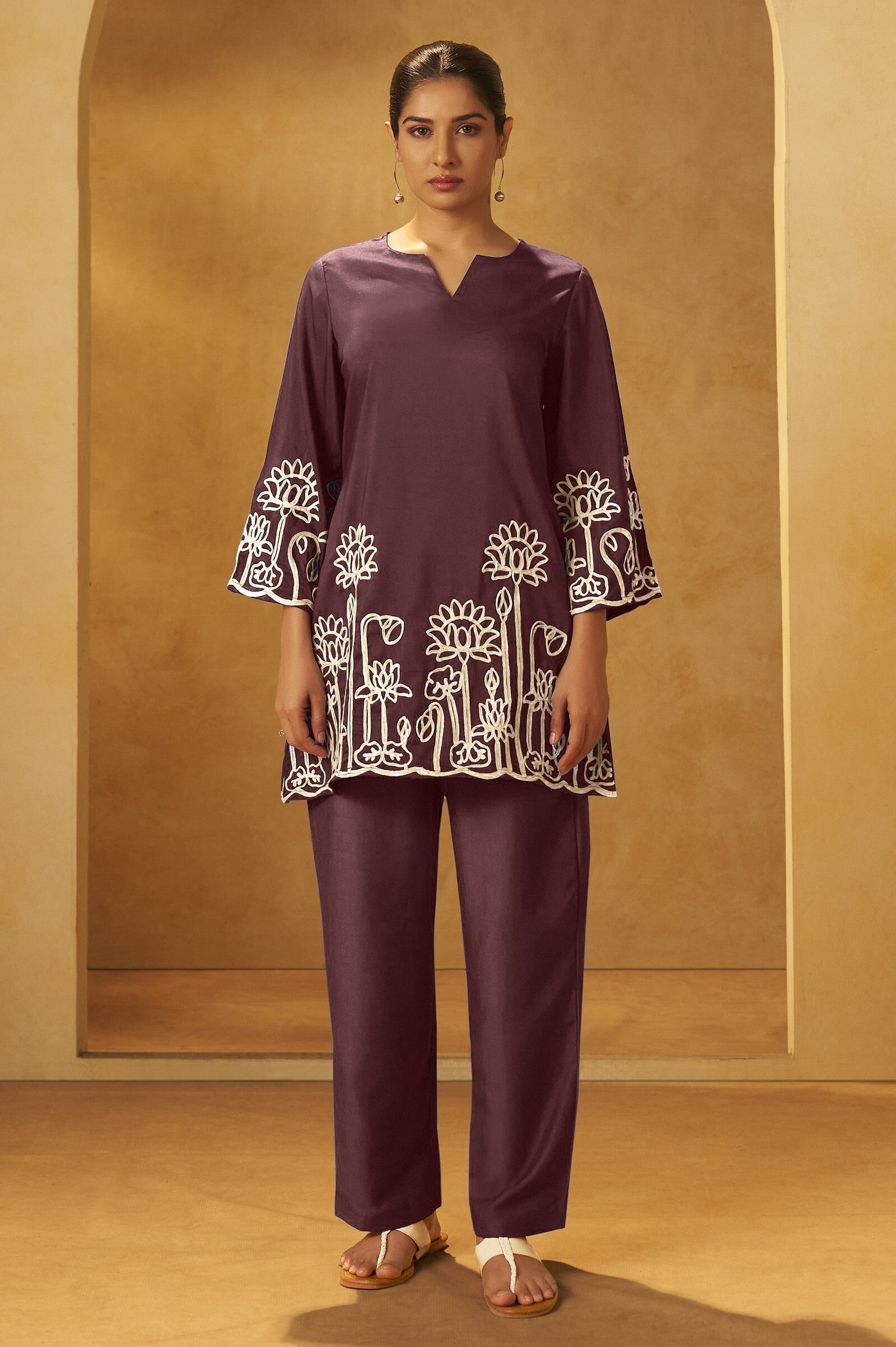Embroidered Kurta Co-ord Set - Coffee