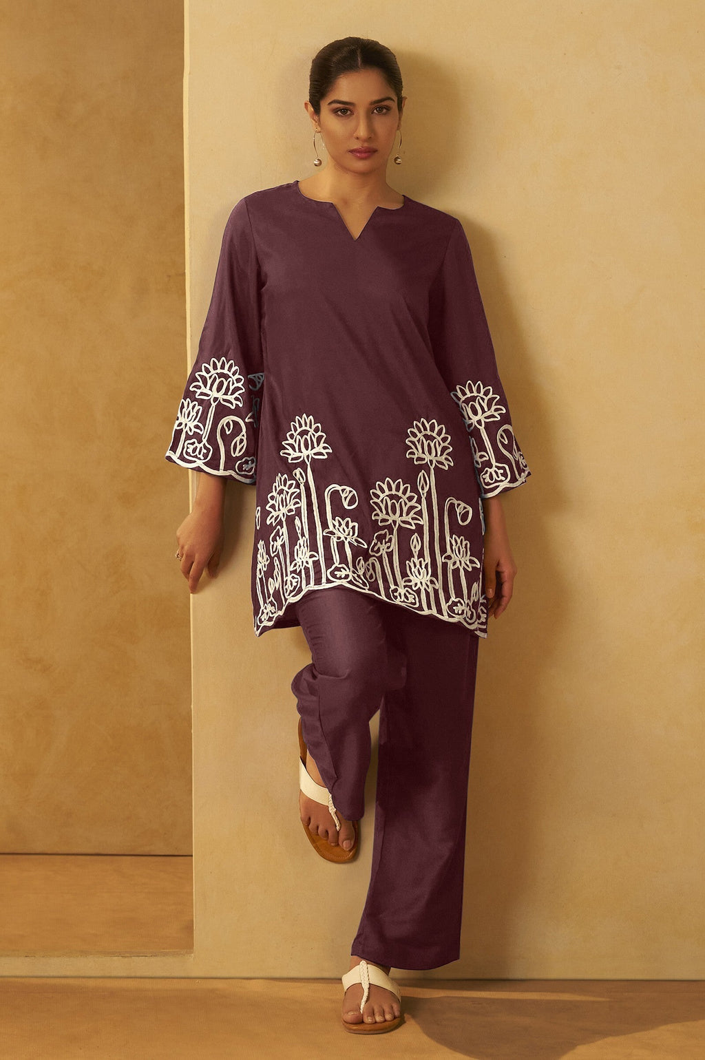 Embroidered Kurta Co-ord Set - Coffee