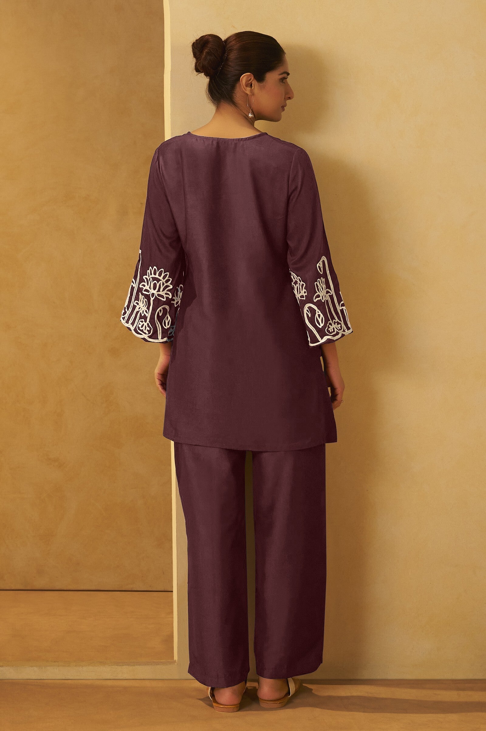 Embroidered Kurta Co-ord Set - Coffee