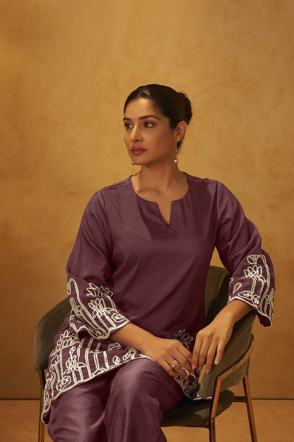 Embroidered Kurta Co-ord Set - Coffee