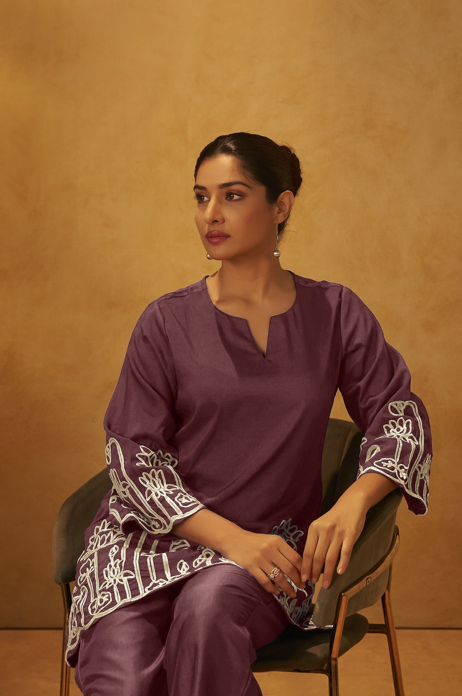 Embroidered Kurta Co-ord Set - Coffee