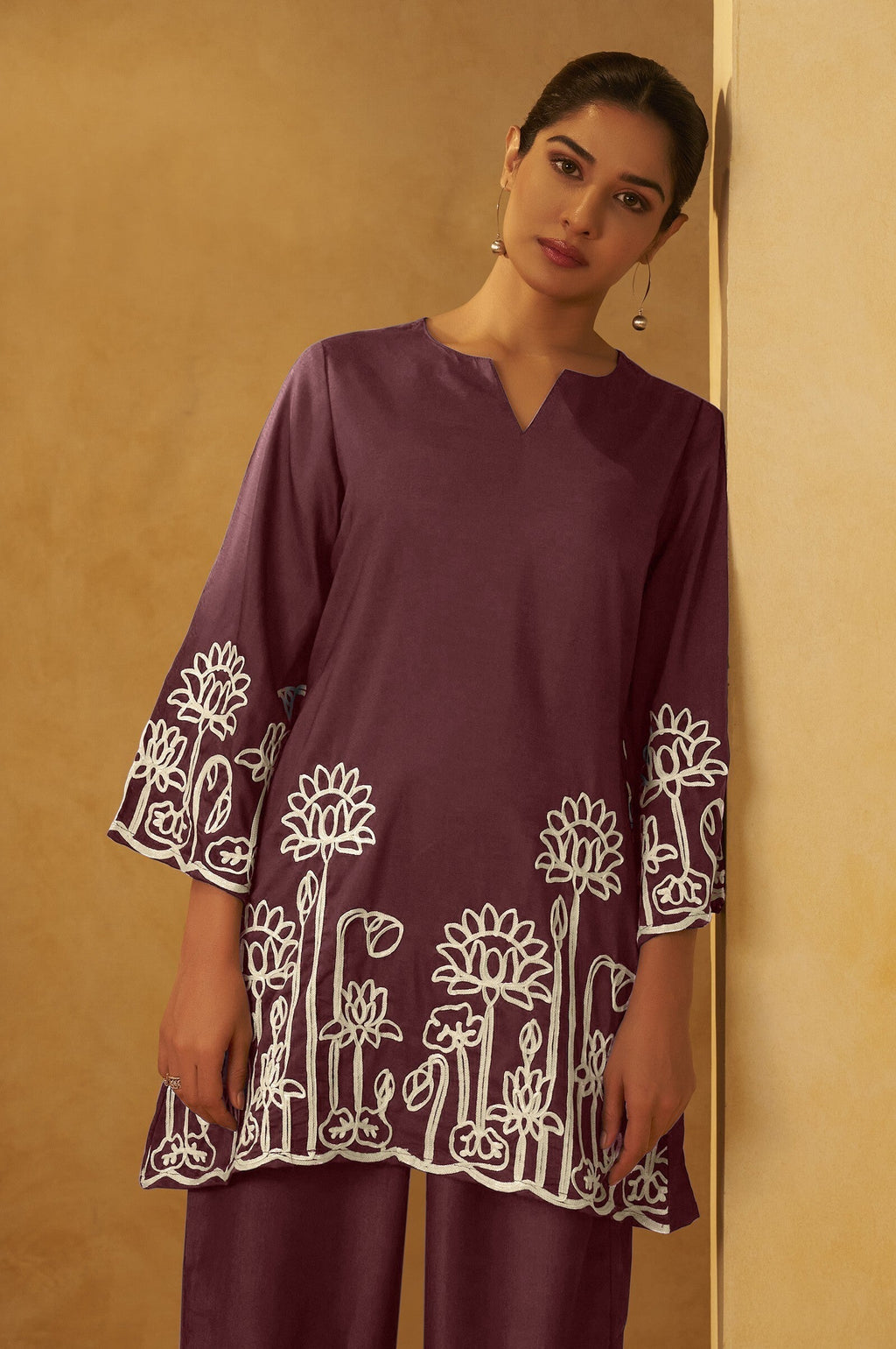 Embroidered Kurta Co-ord Set - Coffee