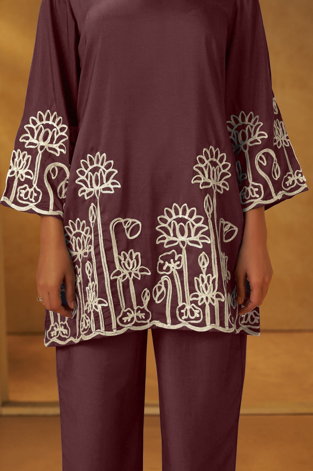 Embroidered Kurta Co-ord Set - Coffee