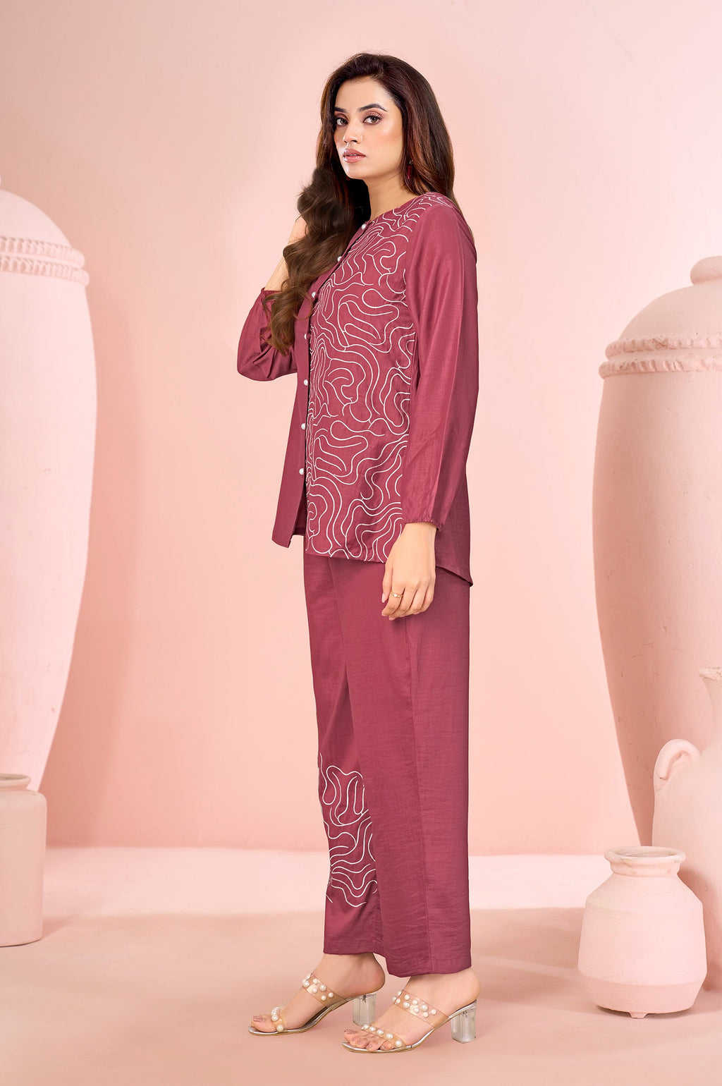 Rust Embroidered Cotton Straight Co-ord Set