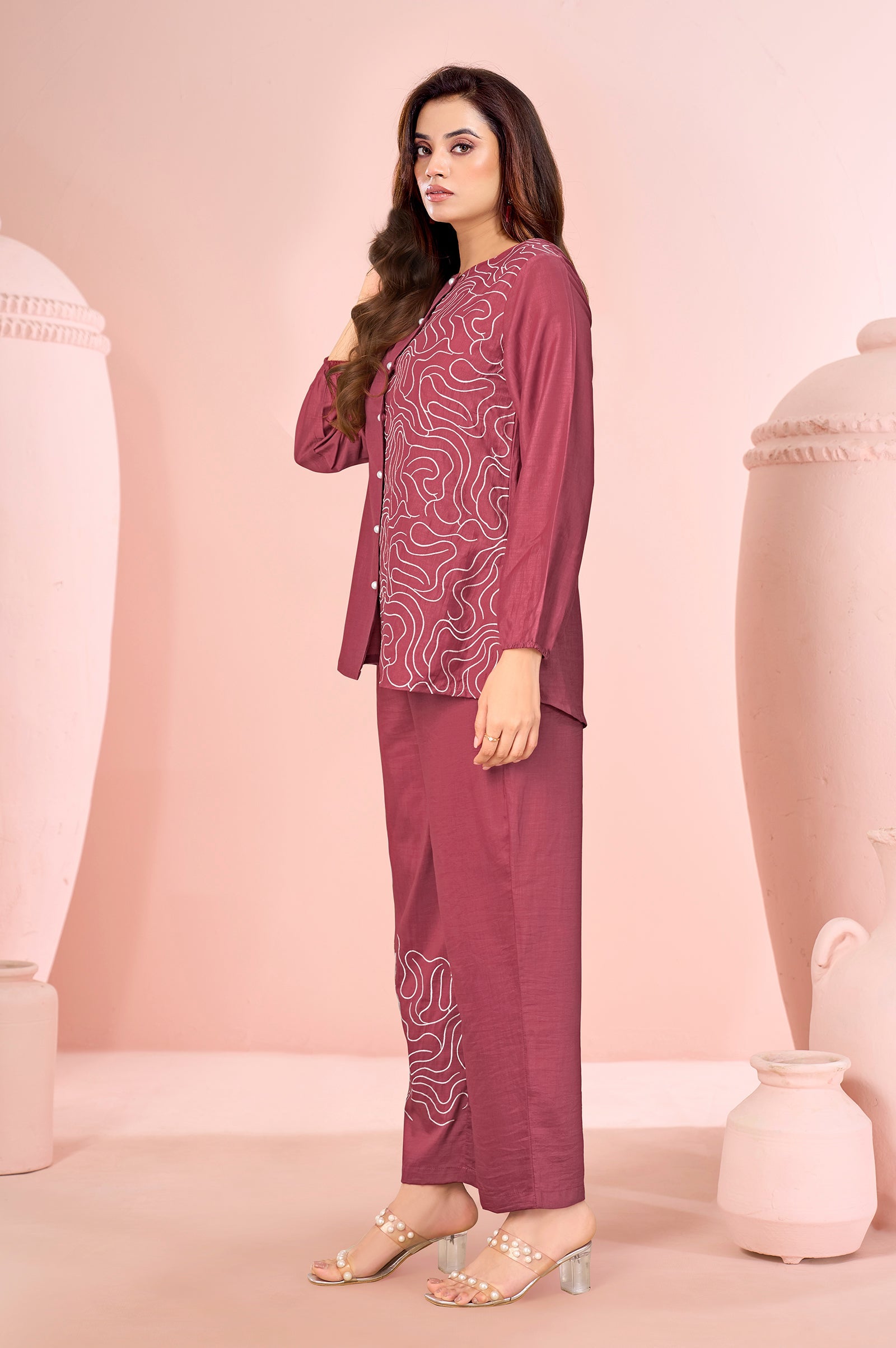 Rust Embroidered Cotton Straight Co-ord Set