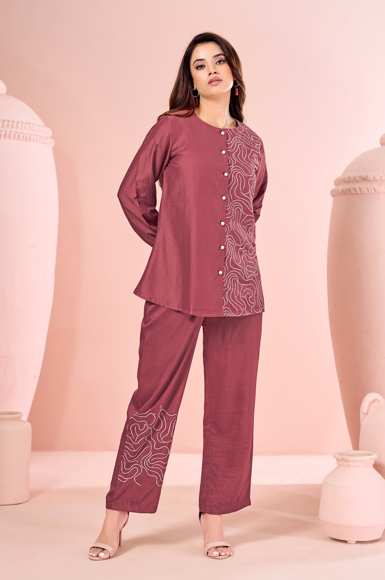 Rust Embroidered Cotton Straight Co-ord Set