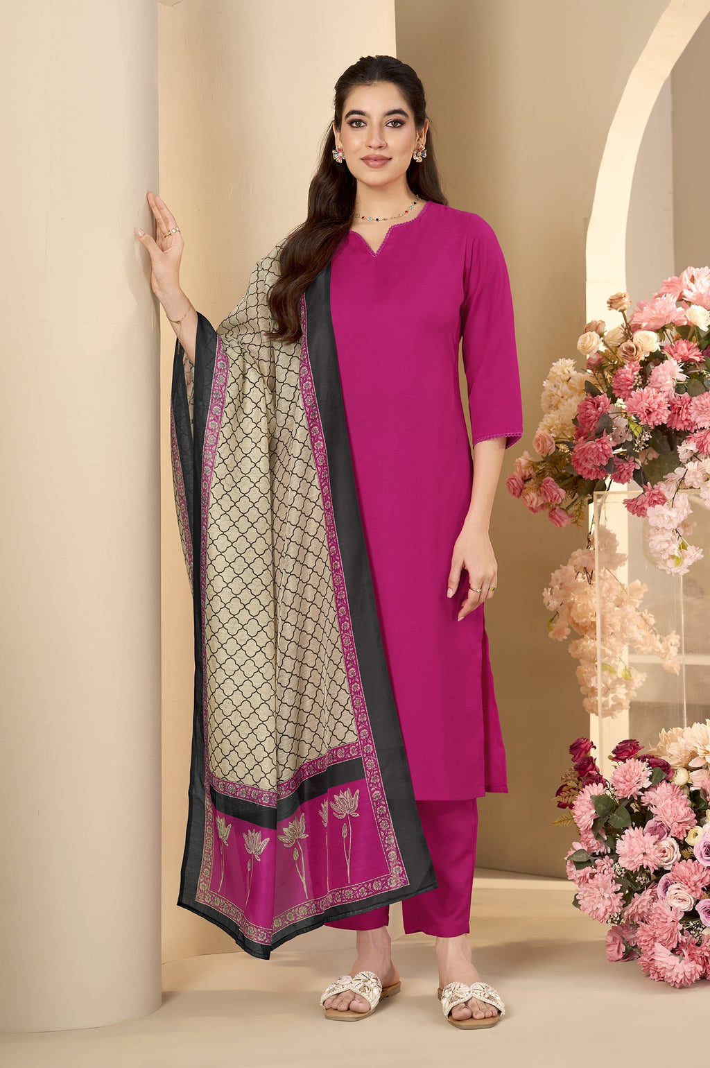 Pink Cotton Kurta with Pant and Chanderi Dupatta - front