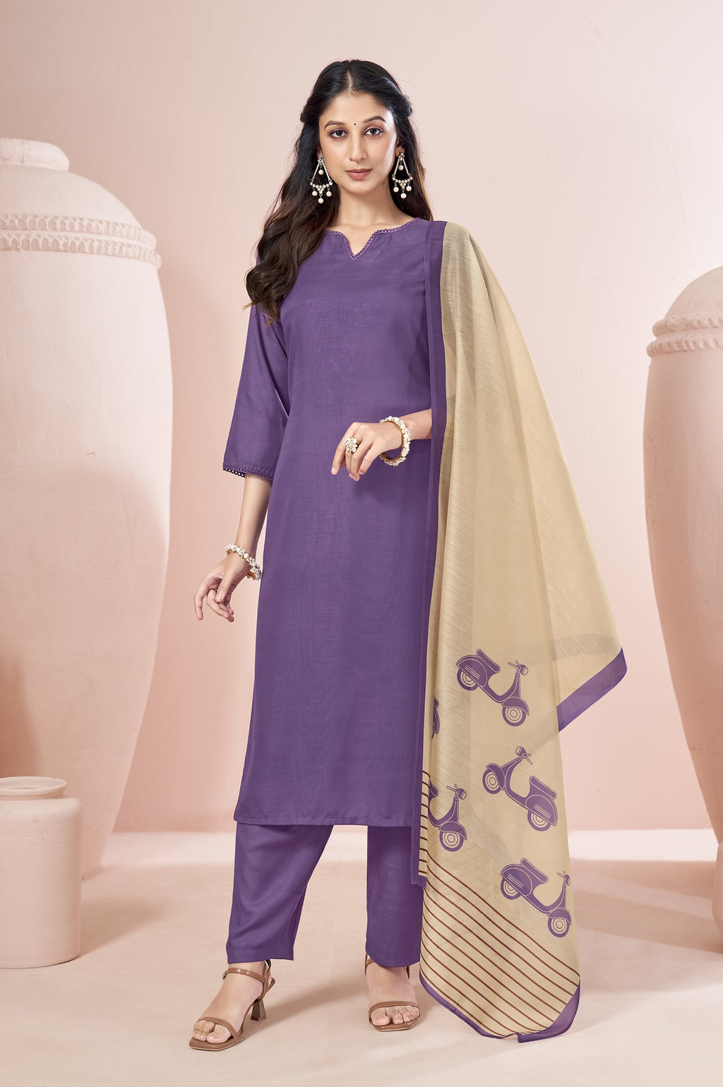 Purple Cotton Flared Calf-Length Kurta with Pant and Cream Chanderi Printed Dupatta - front