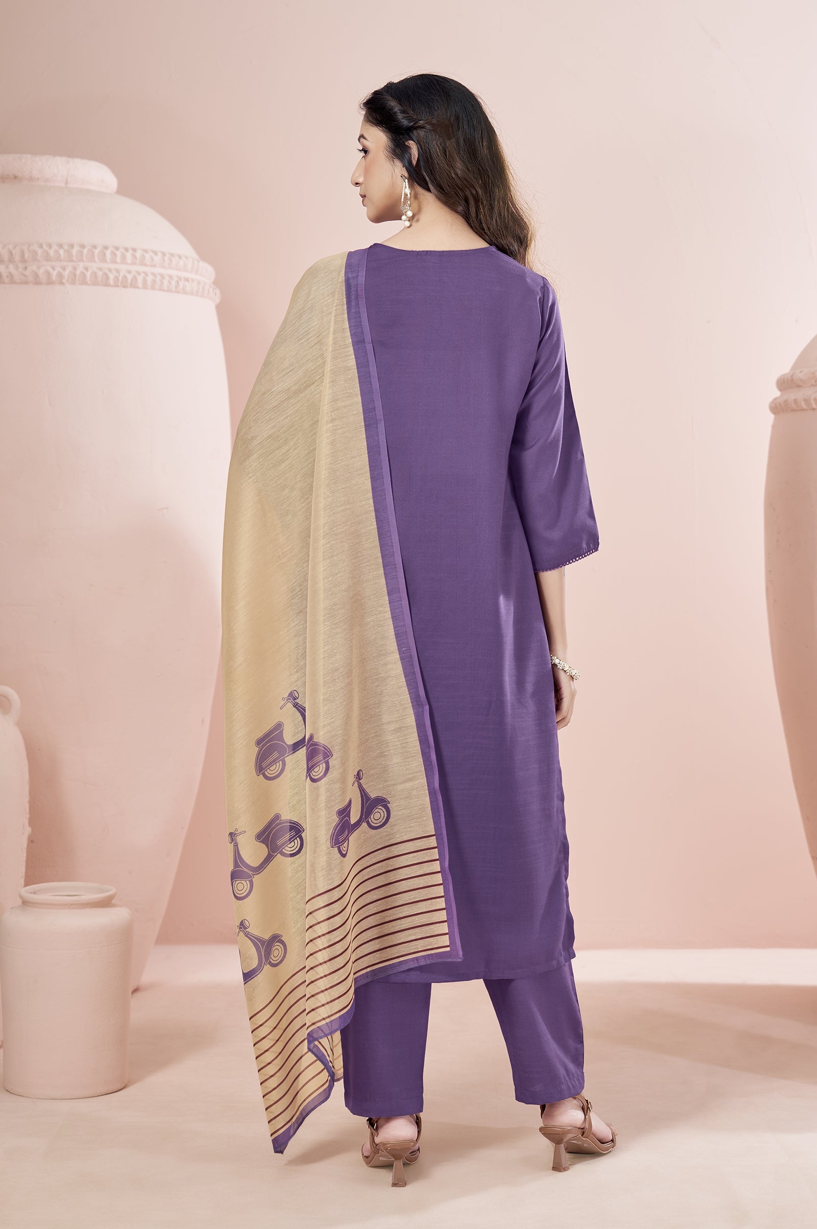 Purple Cotton Flared Calf-Length Kurta with Pant and Cream Chanderi Printed Dupatta - view 3