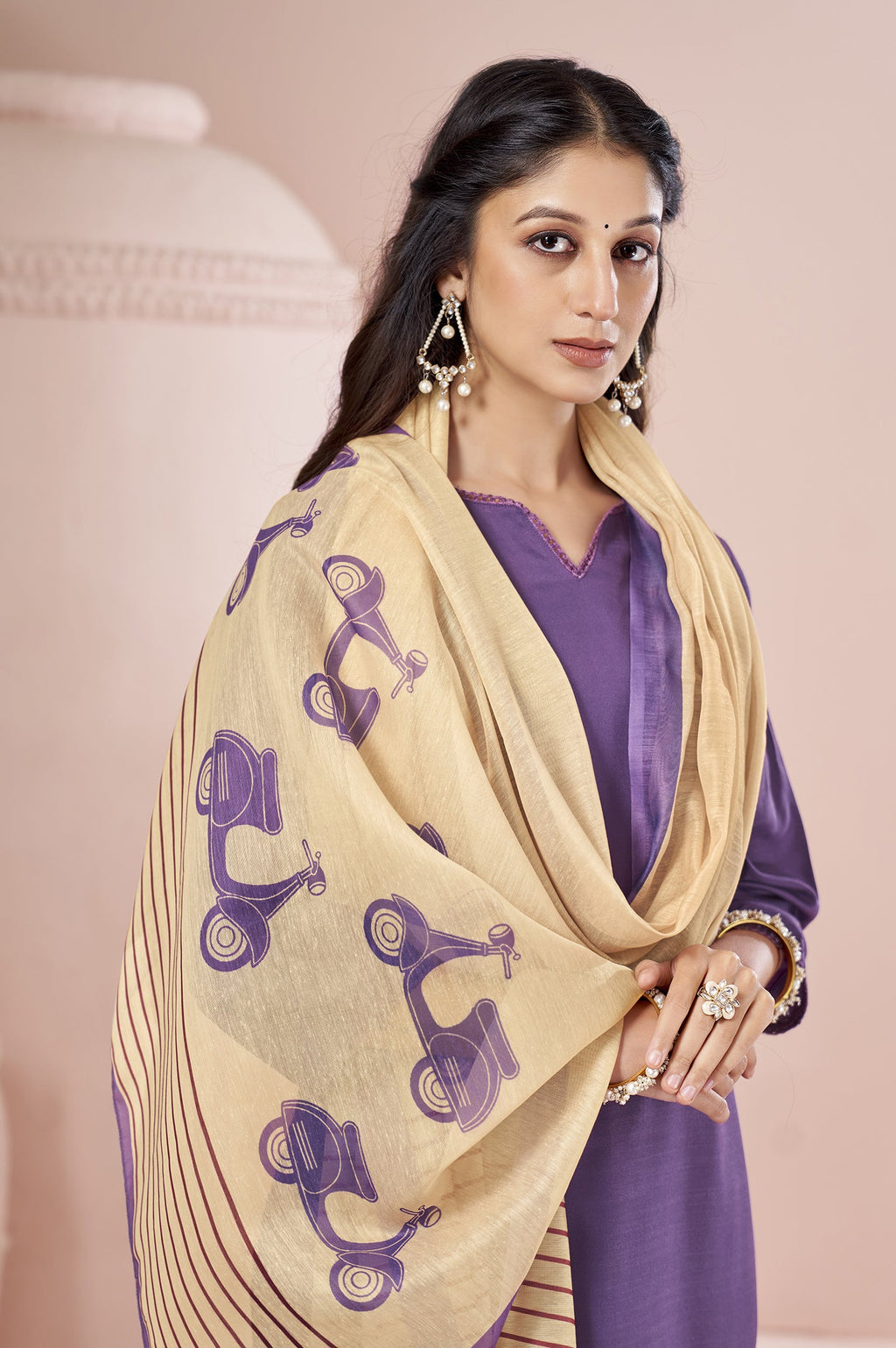 Purple Cotton Flared Calf-Length Kurta with Pant and Cream Chanderi Printed Dupatta - view 5