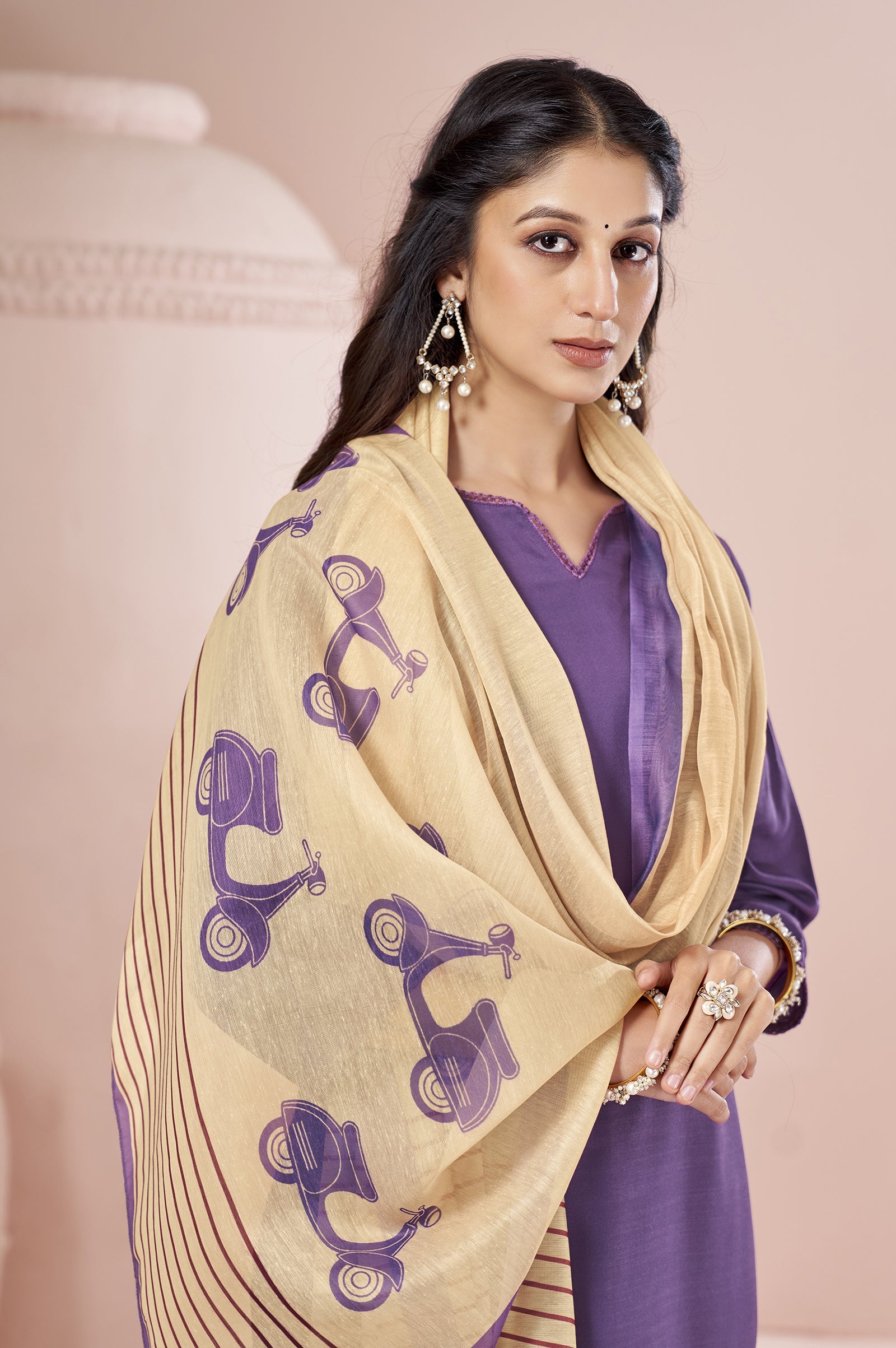 Purple Cotton Flared Calf-Length Kurta with Pant and Cream Chanderi Printed Dupatta - view 5