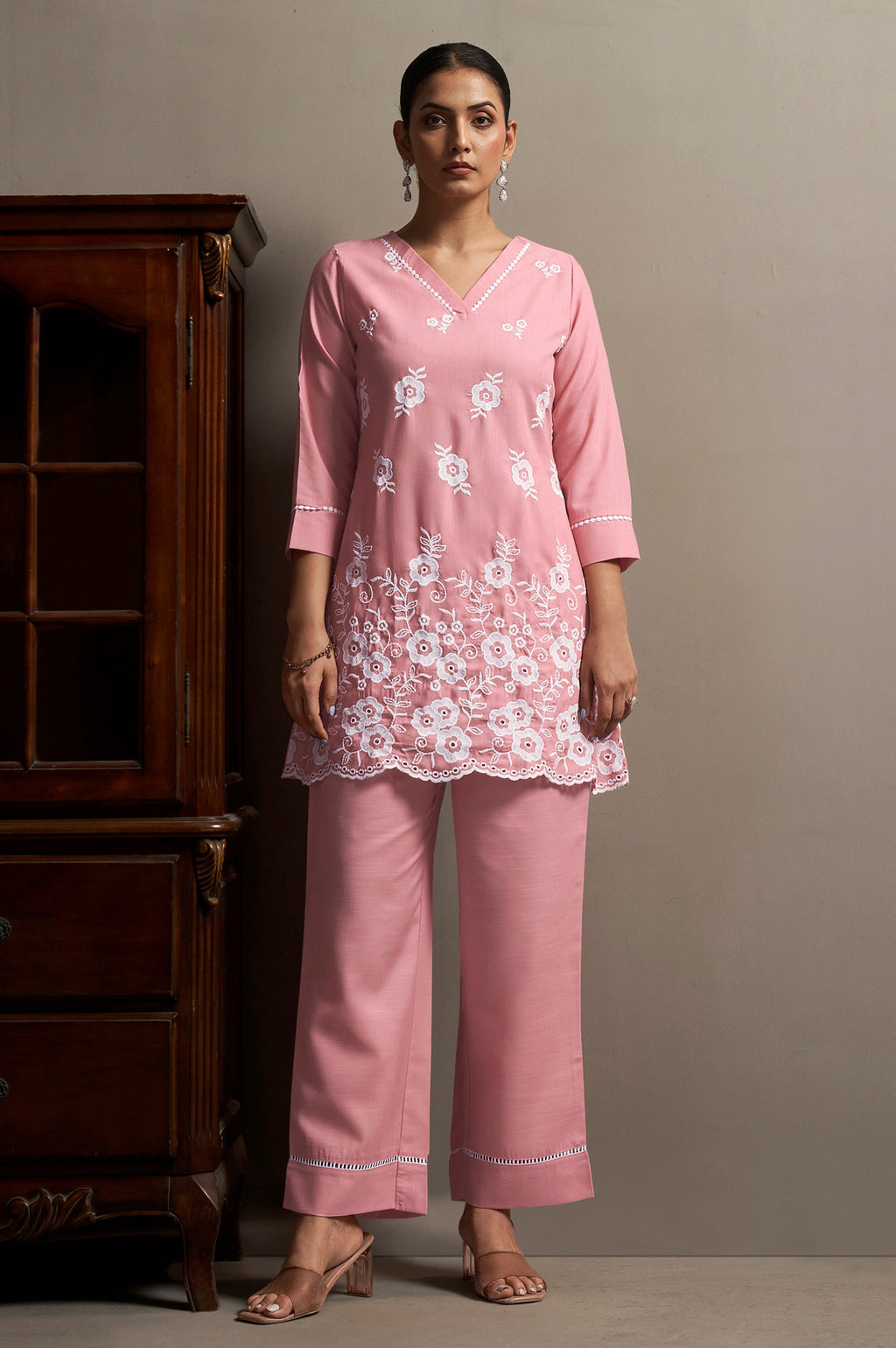 Schiffli Embroidered Co-ord Set - Pink